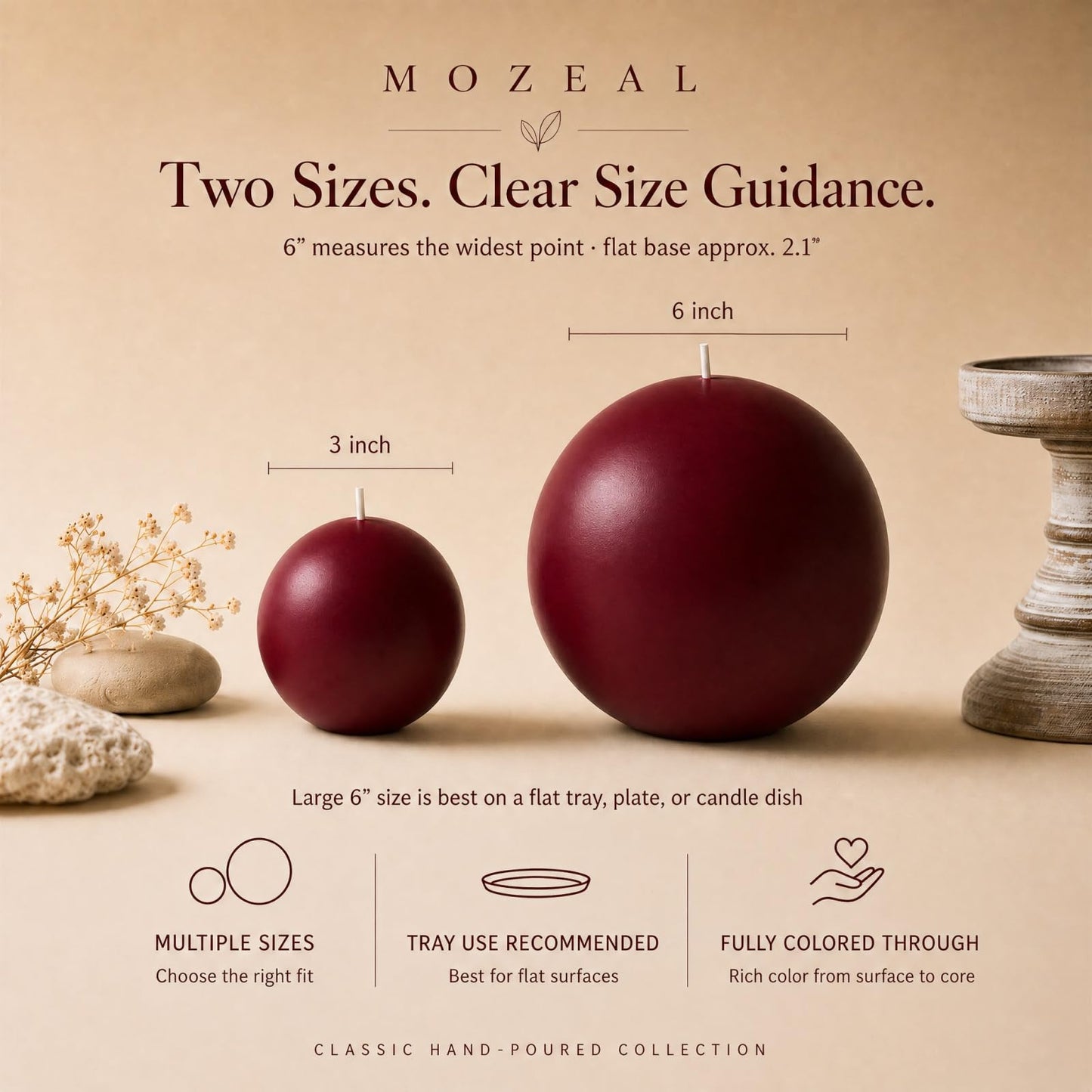MOZEAL Hand-Poured, 3 Inch Dark Red Round Ball Candles - Elegant Dark Red Round Pillar Candles Set of 3, Dripless, Unscented, Smokeless, Ideal for Intimate Gatherings.