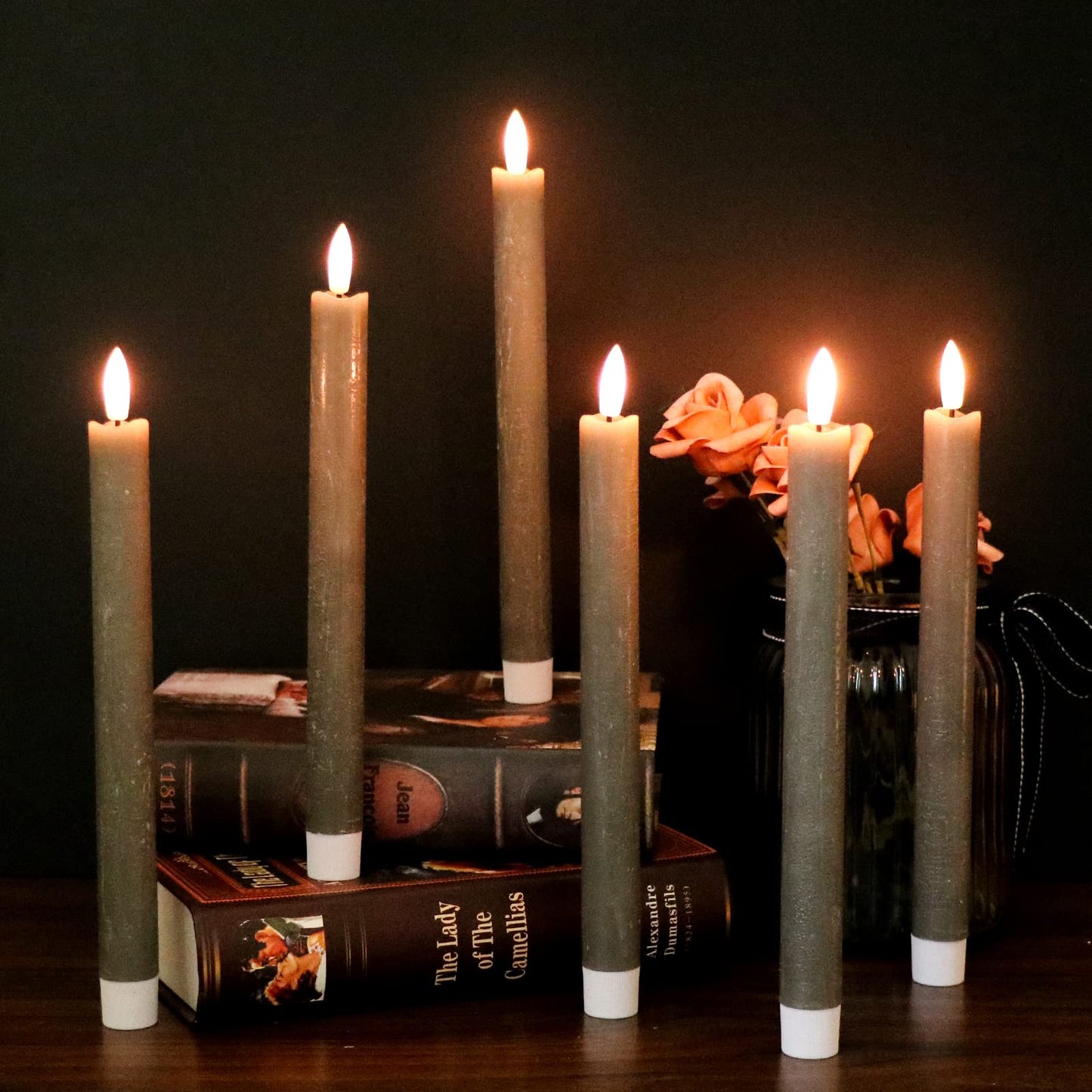 GenSwin Flameless Grey Taper Candles Flickering with 10-Key Remote, Battery Operated Led Warm 3D Wick Light Window Candles Real Wax Pack of 6, Christmas Home Wedding Decor(0.78 X 9.64 Inch)