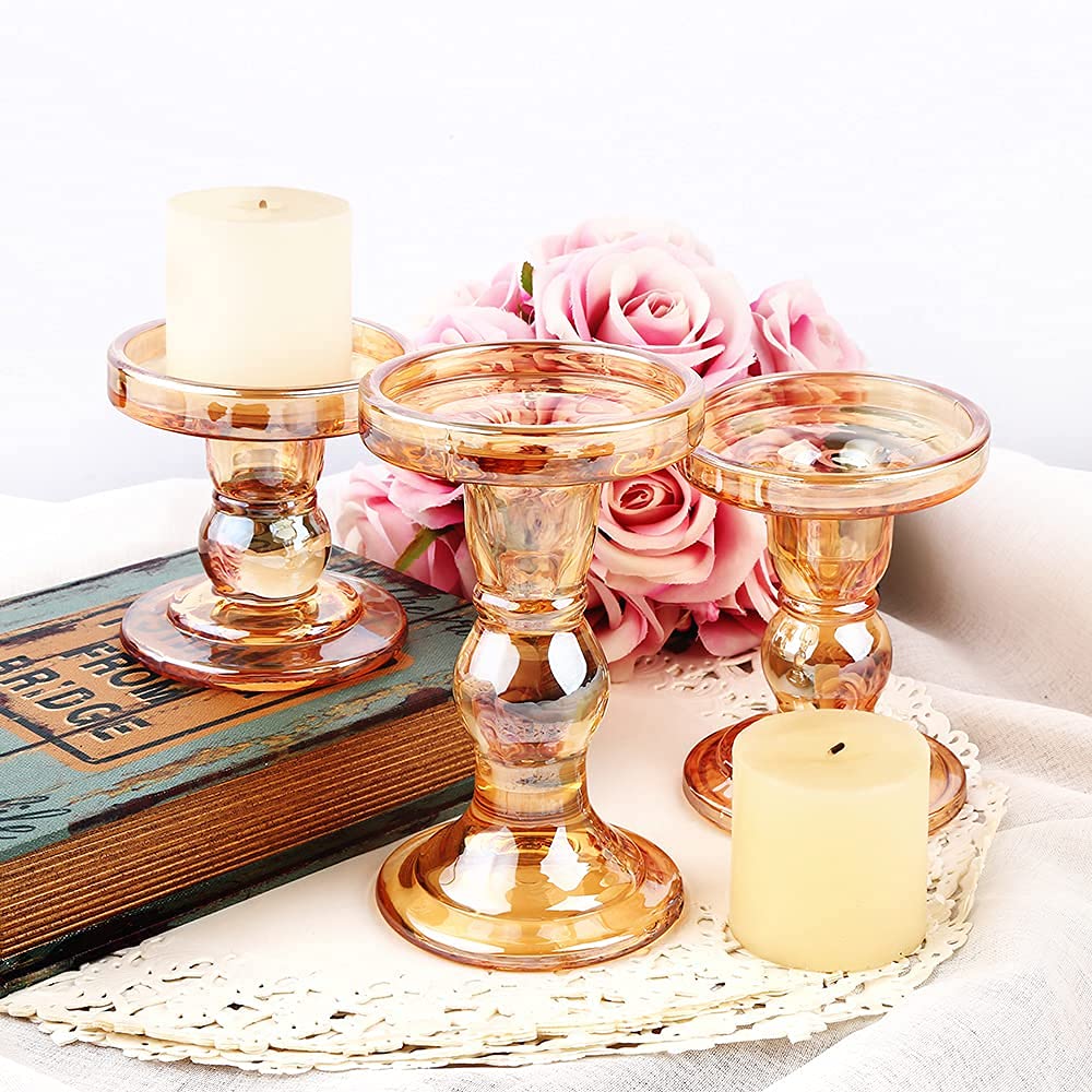 BTGLLAS 3-Piece Set of Glass Candlestick, Crystal Candlestick Holder Holder and Conical Candle, Christmas Candle Holder Decoration, Family Living Room Wedding Candle Holder (7 Colour)