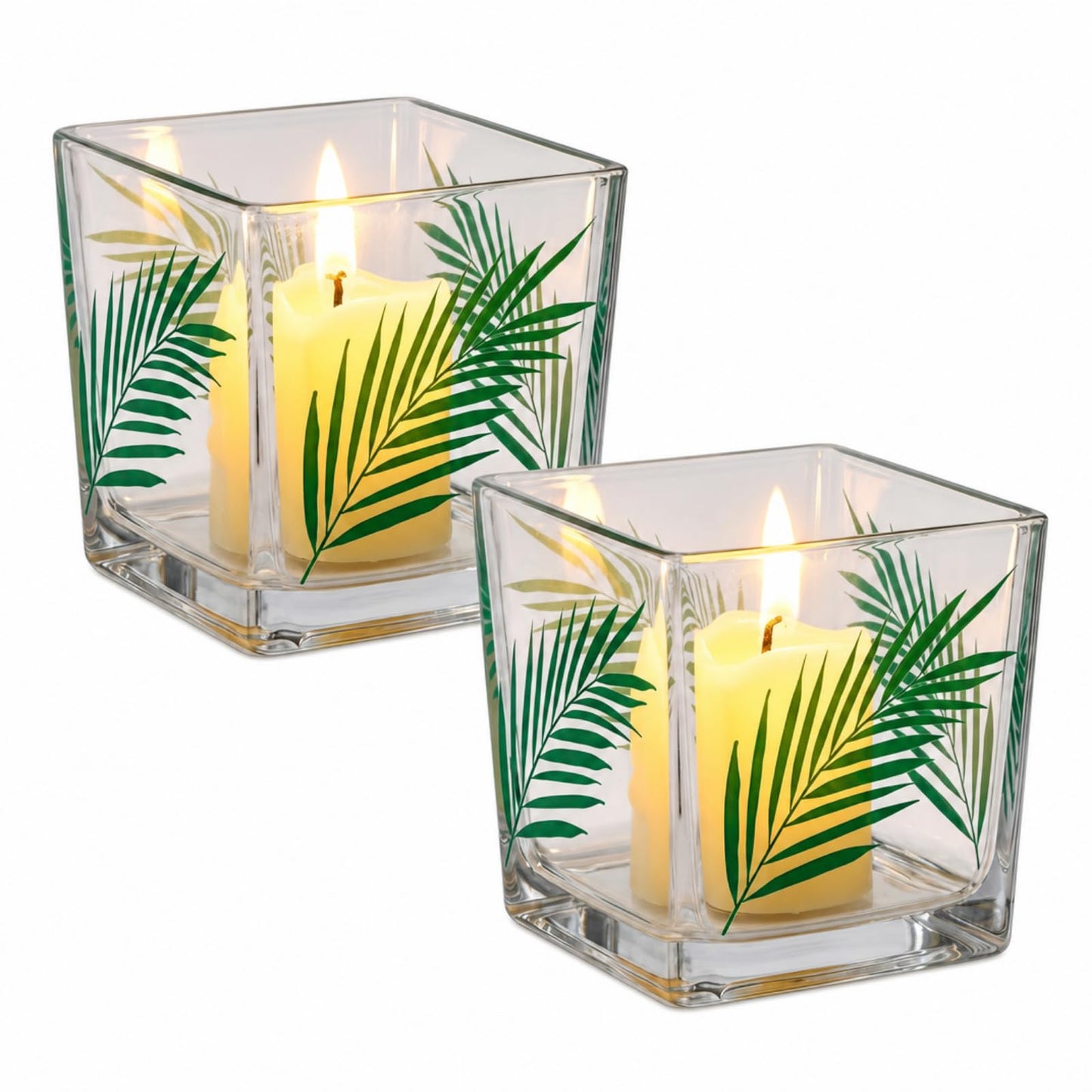Havawish Summer Palms Leaves Candle Holders Set of 2, Tropical Palms Leaves Candle Holder Hawaiian Glass Square Votive Tealight Candles Holders for Summer Beach Luau Party Table Wedding Decorations