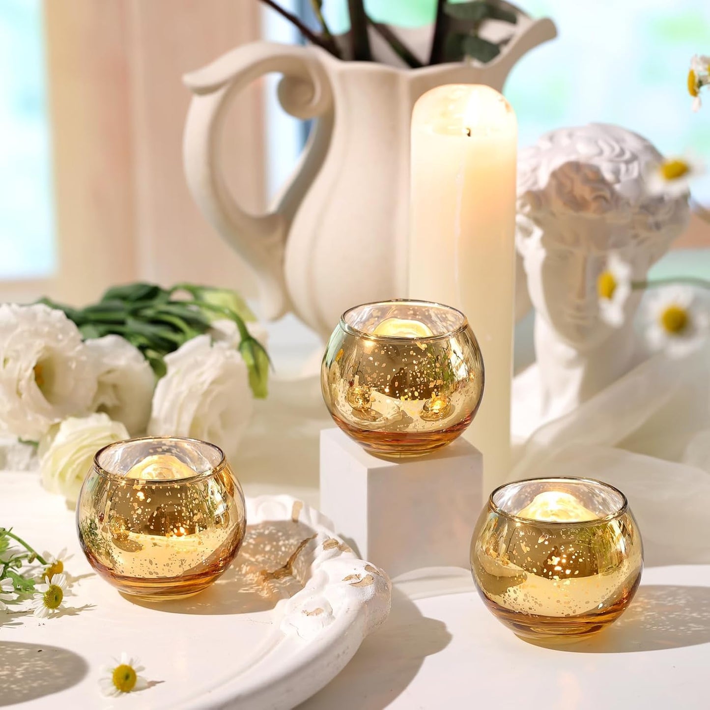 12pcs Gold Round Votive Candle Holders,Glass Gold Mercury Glass Votive Candle Holders Round Tealight for Christmas Decoration, Table Centerpieces, Weddings, Shower Gift