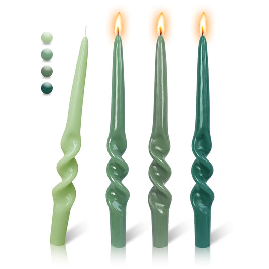 FLAMMUL Gradient Green Taper Candles 9.5 Inch Smokeless Spiral Candle Sticks Unscented Handmade Candlesticks for Seasons Home Decor 4 PCS