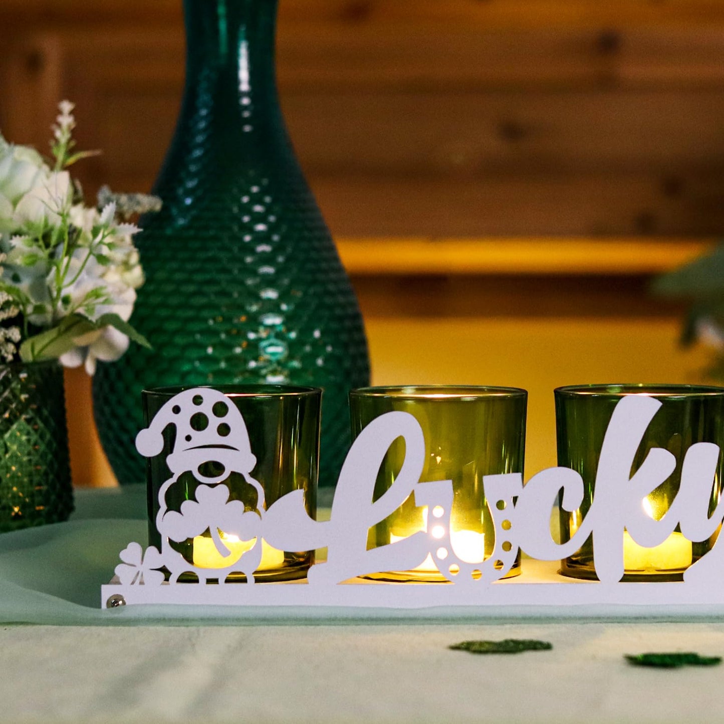 SYFURNIX St Patricks Votive Candle Holder Set, Includes 4 Glass Tealight Holders & 1 Wooden Candle Tray, Green & White St. Patrick's Day Decorations for Table, Office & Indoor Decor