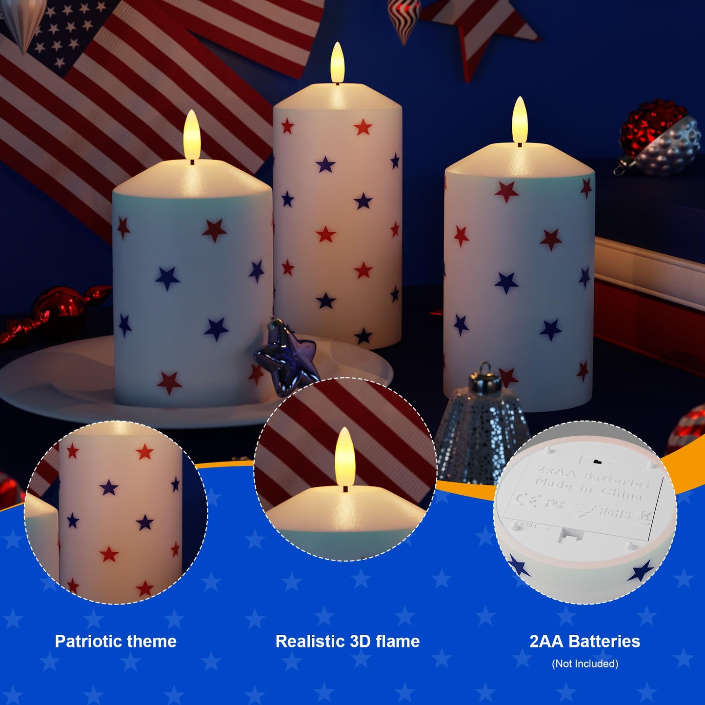 AFINETH Patriotic Red White and Blue Star Candles, Real Wax 4th of July Led Candles, Flickering Flameless Candles with Remote, Memorial Day Flameless Pillar Candles for Patriotic Holiday Decor