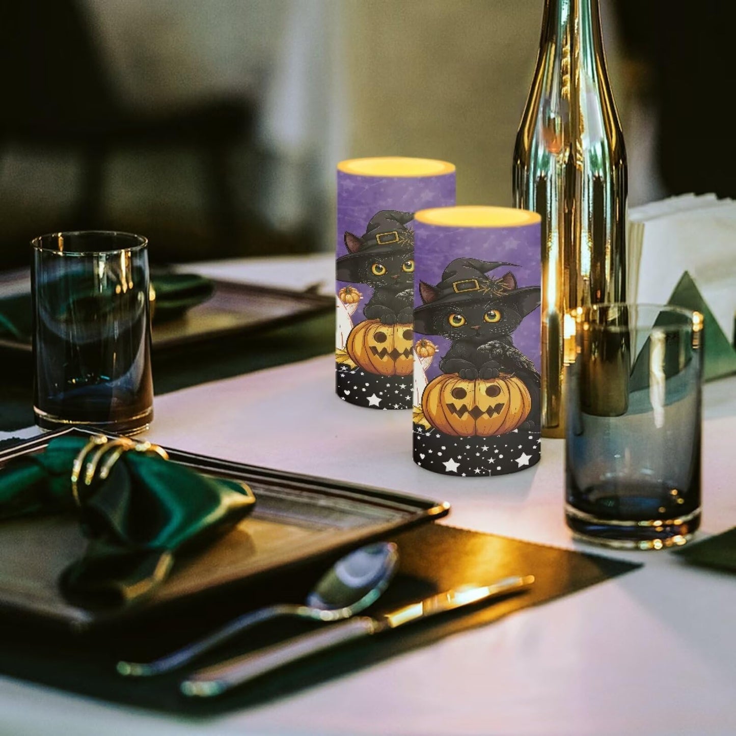 Luarisgur Halloween Flameless Candles with Remote, 2 Pack LED Battery Operated Candles for Halloween Party Multicolor Flameless Electric Pillar Candle with Black Cat Ghost