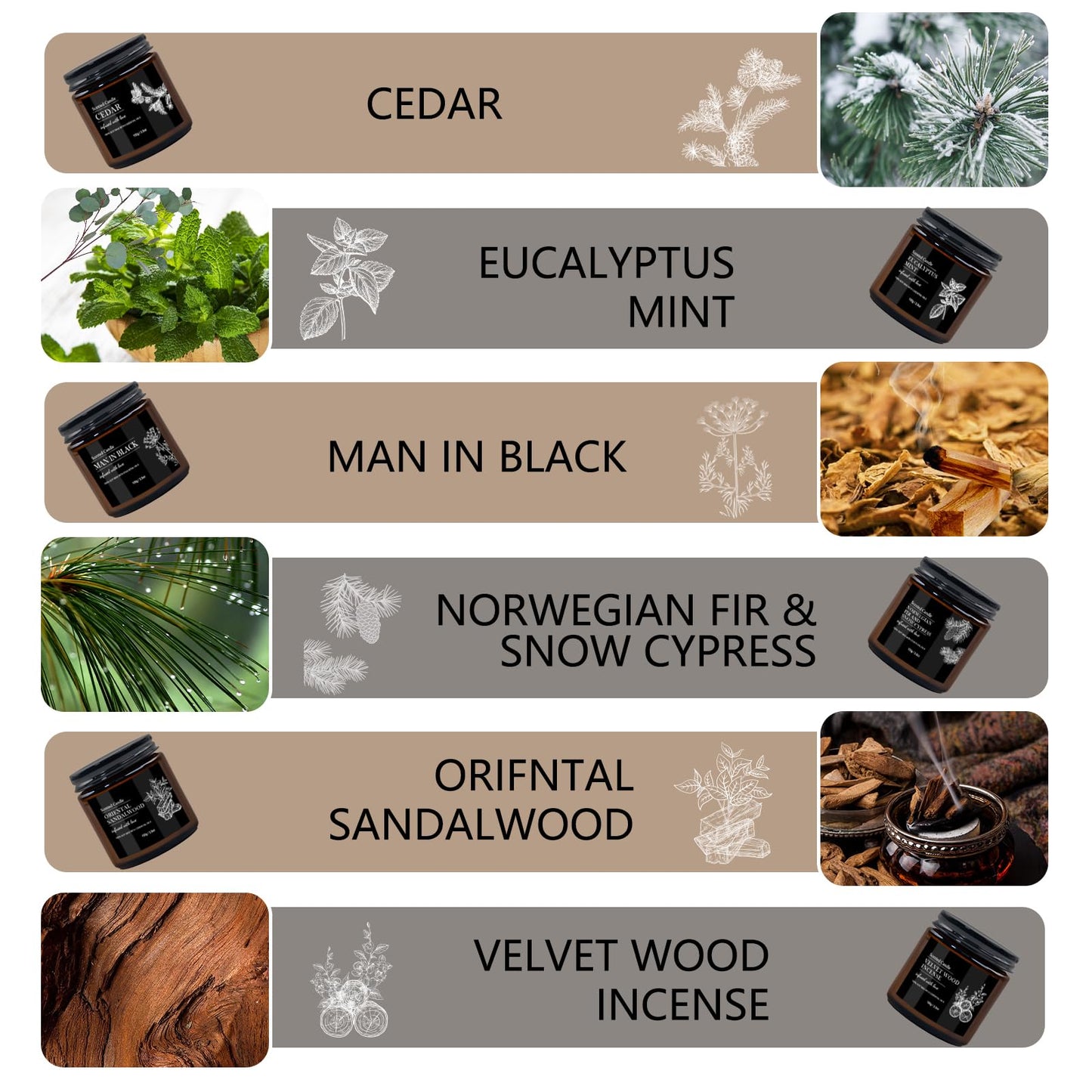 Scented Candles for Men | 6 Pack Candles for Home Scented, 150 Hour Burn Time Aromatherapy Christmas Candles Gifts for Men Birthday|Sandalwood Cedar |