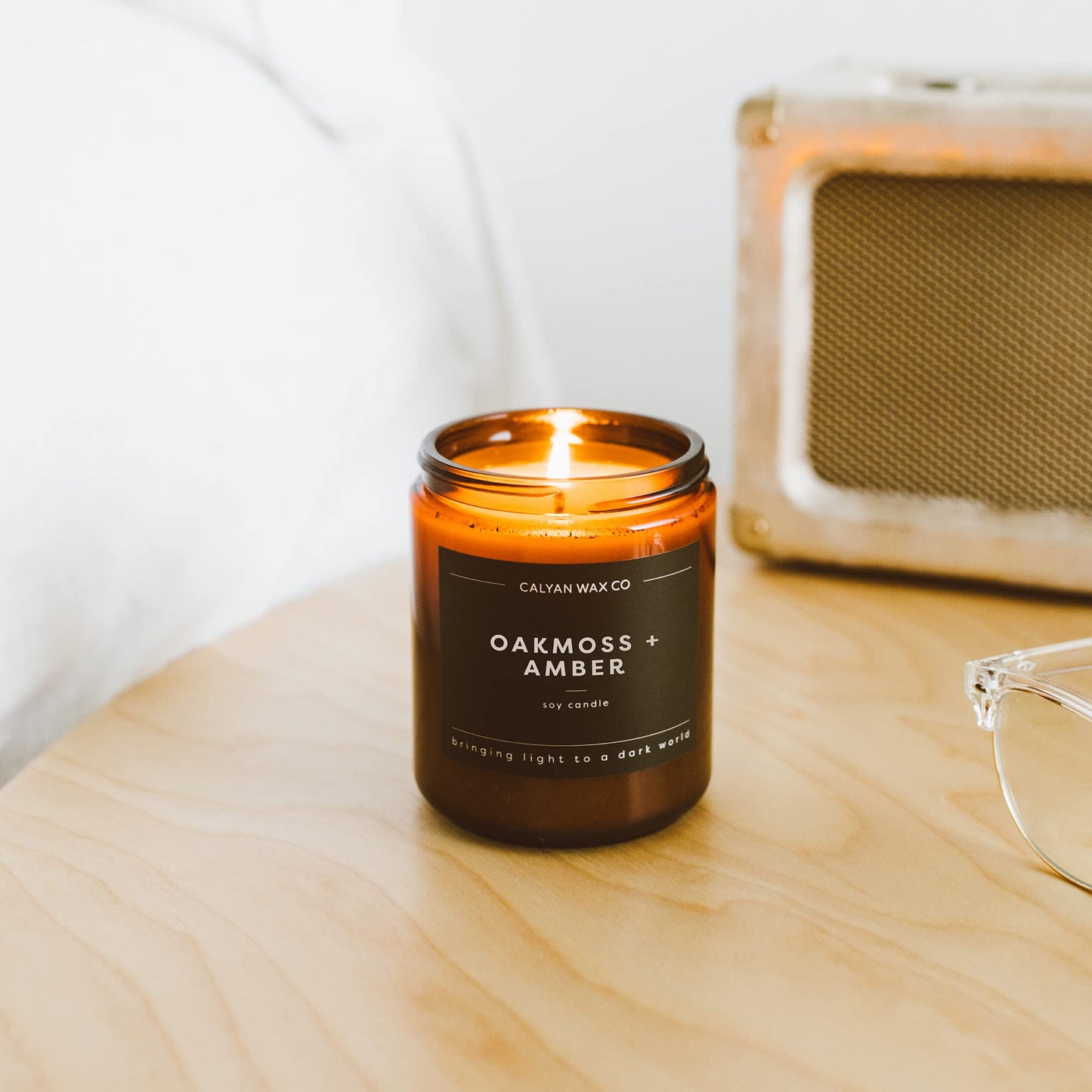 Calyan Wax Co. Oakmoss & Amber Scented Candle - 57 Hour Burn - Luxury Clean Soy Wax Candles - Long Lasting Amber Glass Jar Candle for Home - 7.2oz