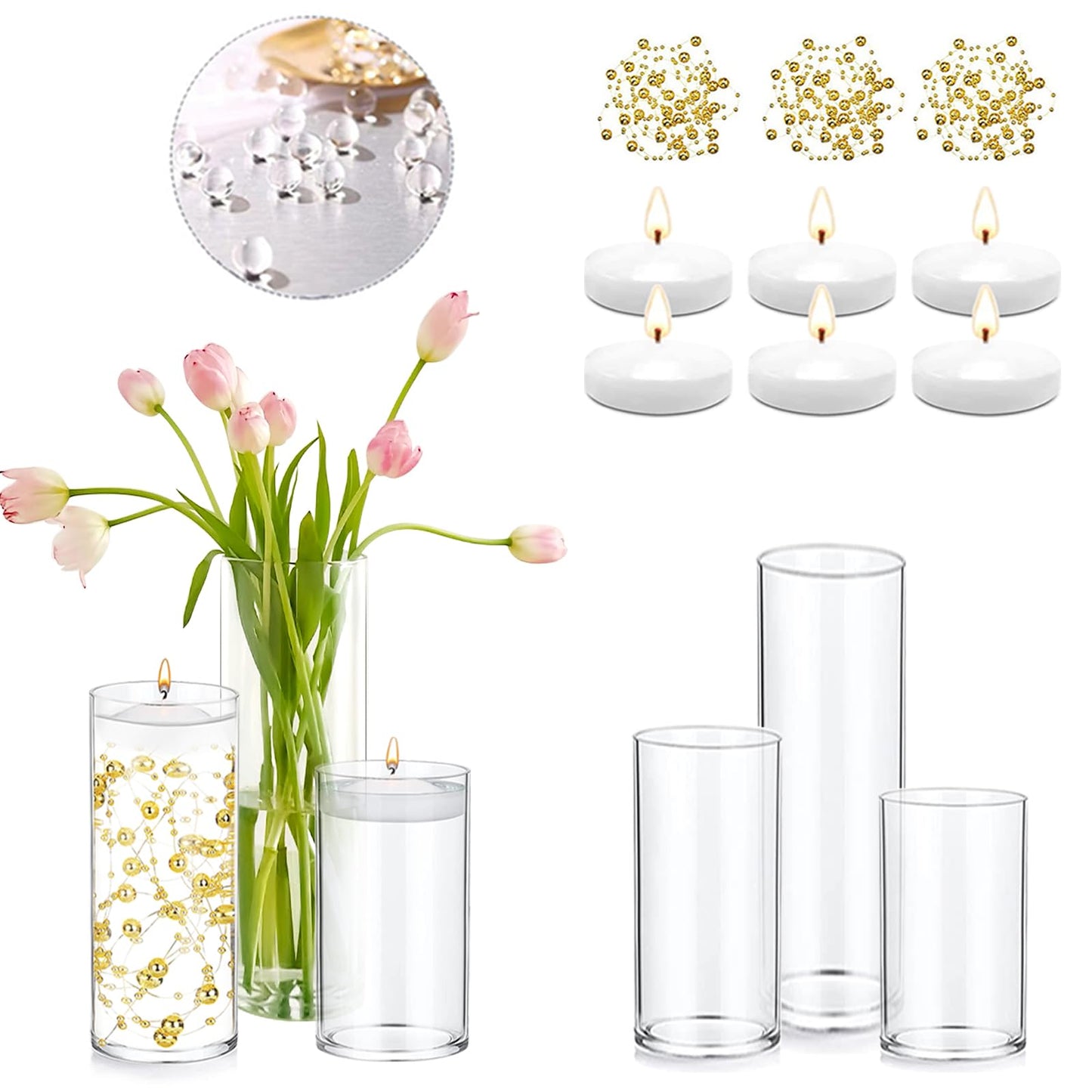 PNJHDZ Set of 3 Glass Cylinder Vases for Centerpieces with 2 Pack Vase Filler 3 Pearl String 6 White Floating Candles for Centerpieces, Table Center Pieces for Wedding Party Home Decor 5, 6, 8 Inch