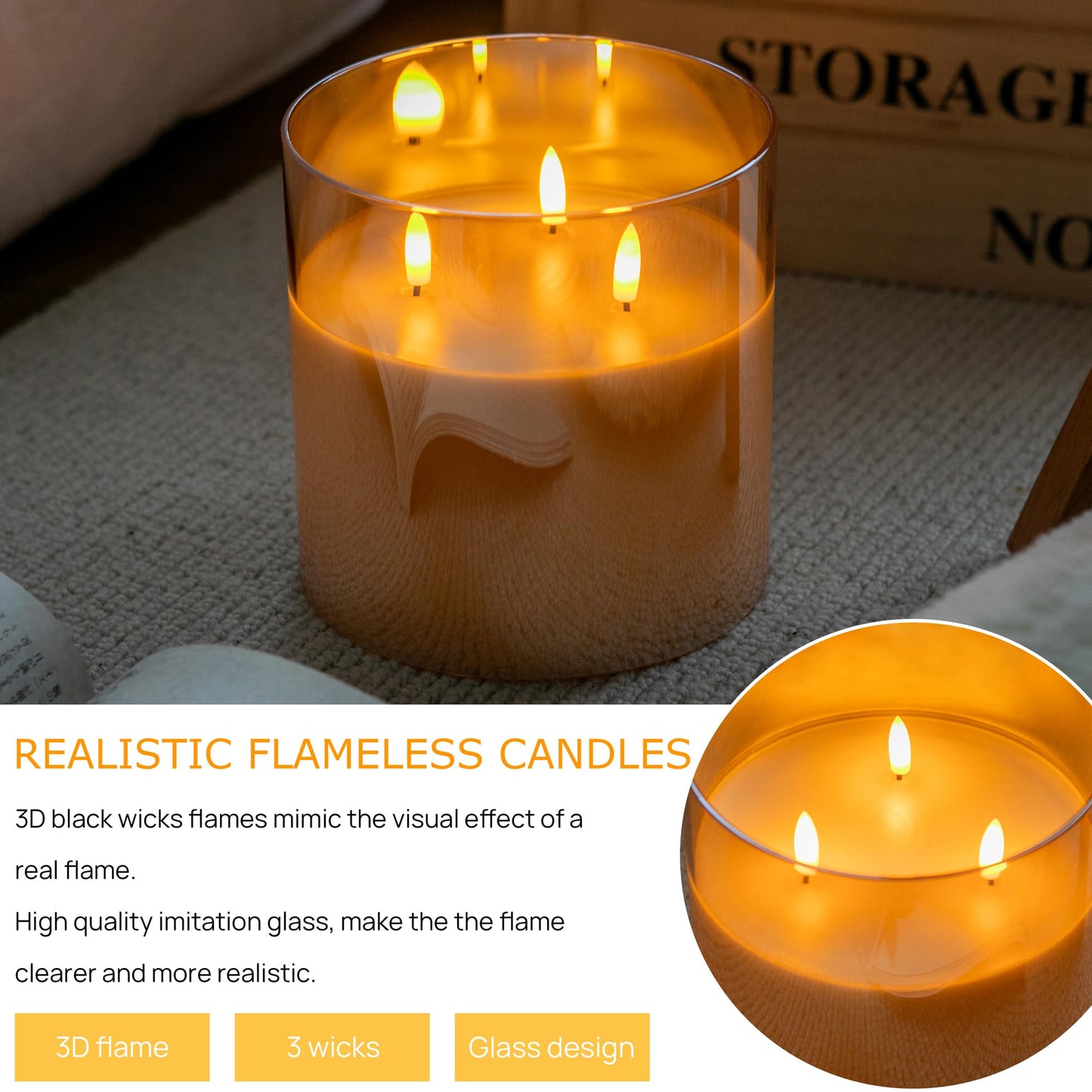 AFINETH Extra Large Flameless Candles with 3 Wicks, 6"x6" Glass Battery Operated Candles with Remote, Real Wax Flickering LED Candles Fake Candle for Home, Wedding, Party, Glod