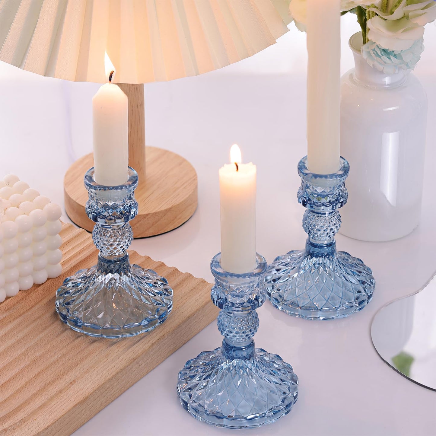 DARJEN 12Pcs 4" H Aqua Blue Candlestick Holders Set- Taper Candle Holders Bulk, Glass Candle Holders for Wedding, Party, Romantic Dinner Table Centerpieces, Festival Gifts & Windowsill Decor