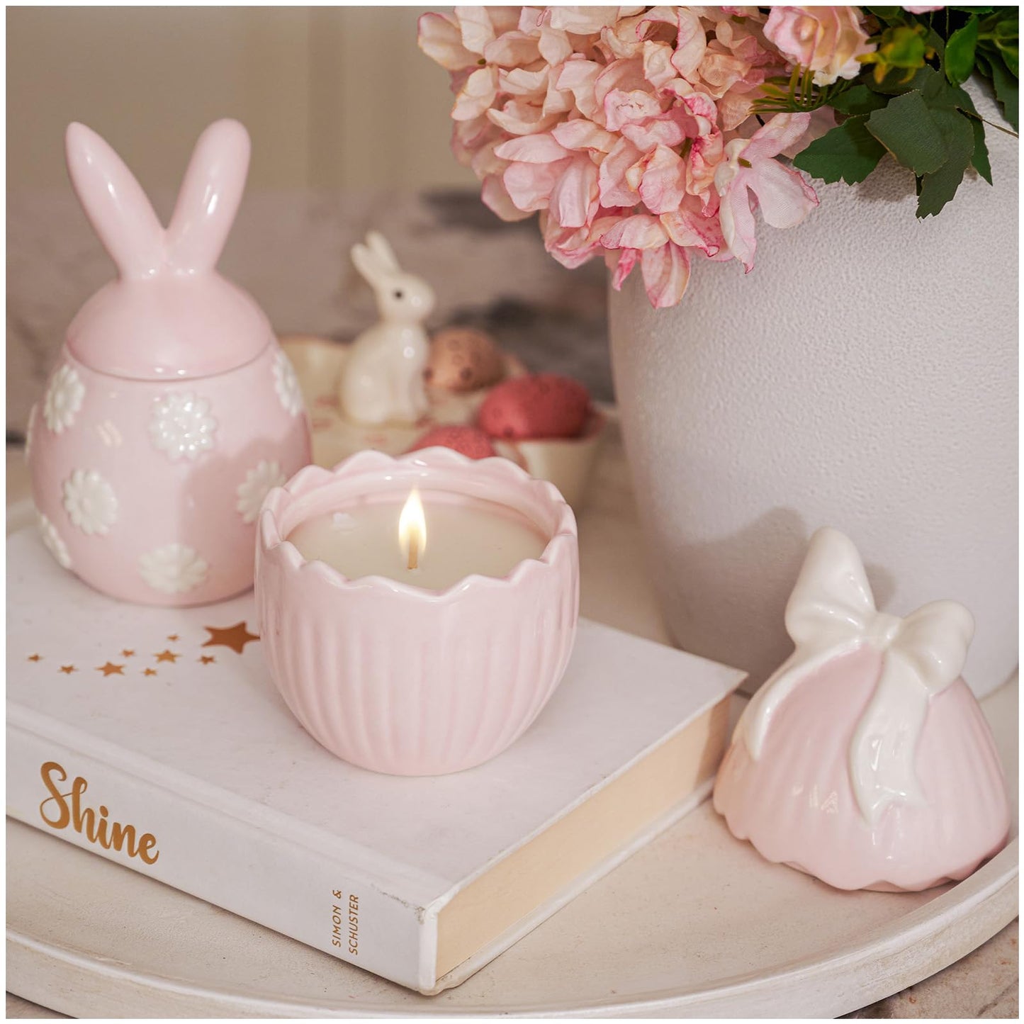 WDS WONDROUS 2-Pack Easter Bunny & Bow Ceramic Jar Candles, Egg Shaped Soy Wax Scented Candles with Daisy and Striped Design, Spring Home Decor Gift Set for Women, Pink Farmhouse Table Centerpiece