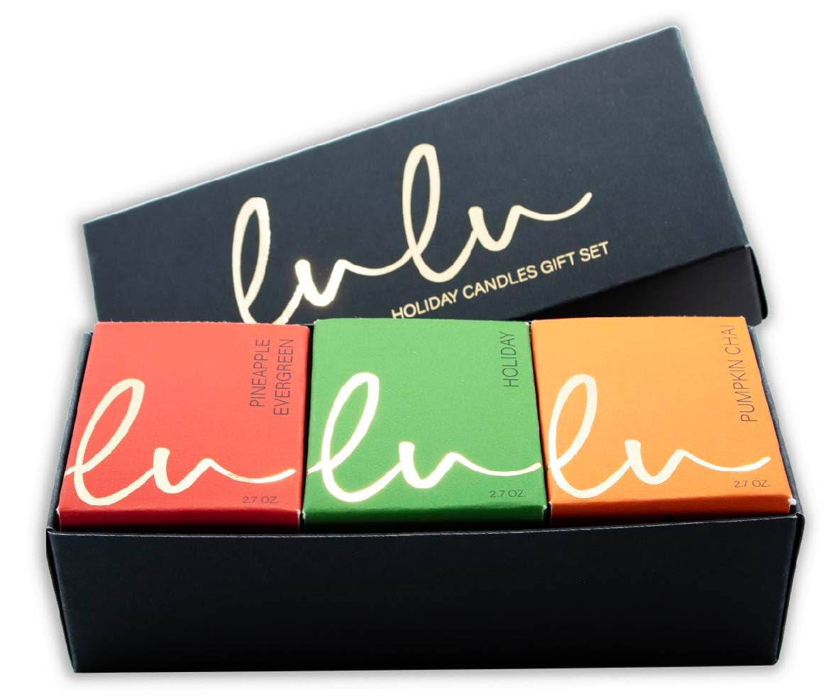 Lulu Candles | Holiday, Pineapple Evergreen, Pumpkin Chai | Luxury Scented Soy Jar Candle | Hand Poured in The USA | Highly Scented (Holiday Gift Set - 3 PC, 2.7 Oz. Votives)