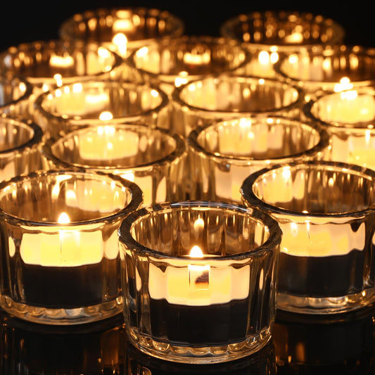 Mumufy 50 Pcs Glass Tealight Candle Holder Ribbed Votive Candle Holder for Centerpiece Wedding Proposal Spa Aromatherapy Meditation Home Decor (Clear)