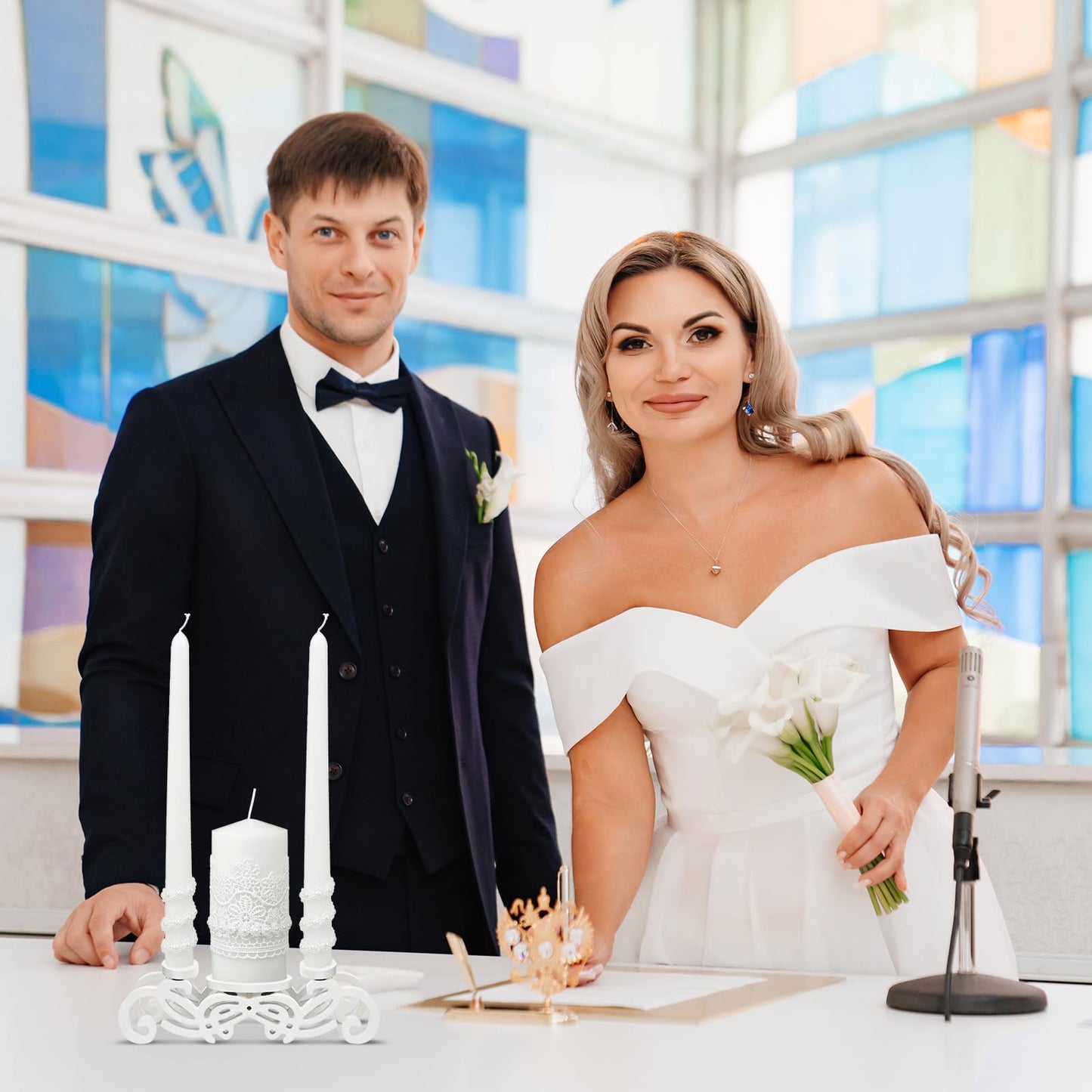 Irenare Unity Candles with Holder for Wedding Ceremony Wedding Decortions Accessories Glass Candle Holder Pillar Candle for Formal Events Church(Stylish Style)