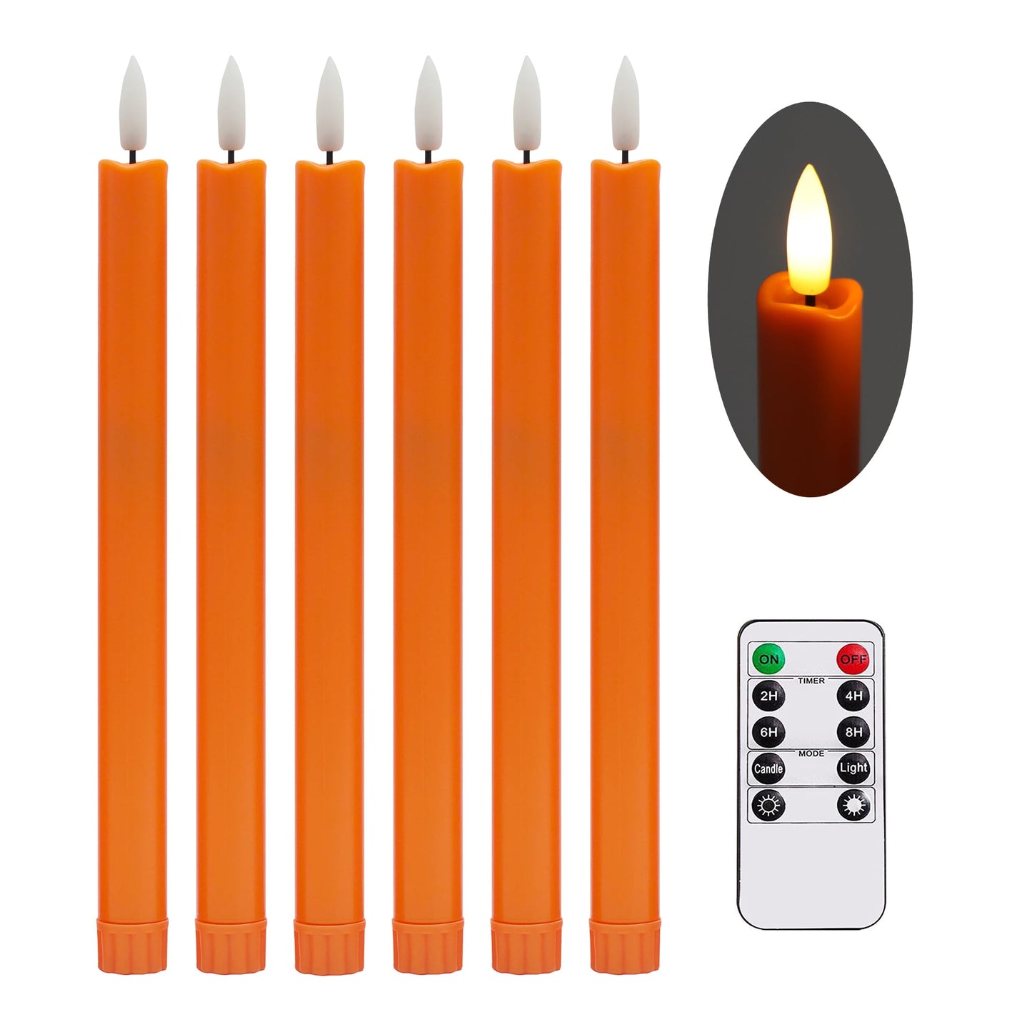 Stmarry Flameless Orange Taper Candles with Remote - 10 Inch LED Candlesticks Flickering, Realistic 3D Flame with Wick, Warm White Light, Thanksgiving Fall Autumn Decor for Home, Timer - Set of 6
