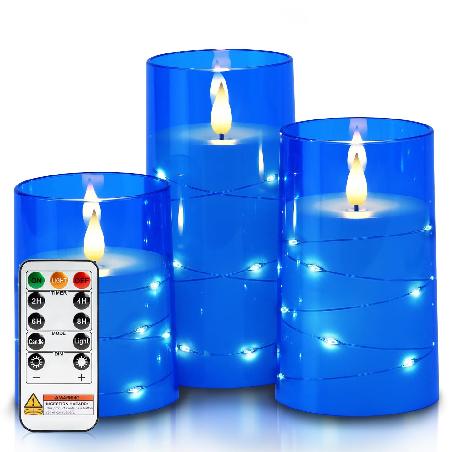 Homemory Flameless Candles with Embedded Star String Fairy Lights, Battery Operated Candles, LED Candle, Fake Candles with Remote Control and Timer, Blue, Set of 3(H 4" 5" 6”)