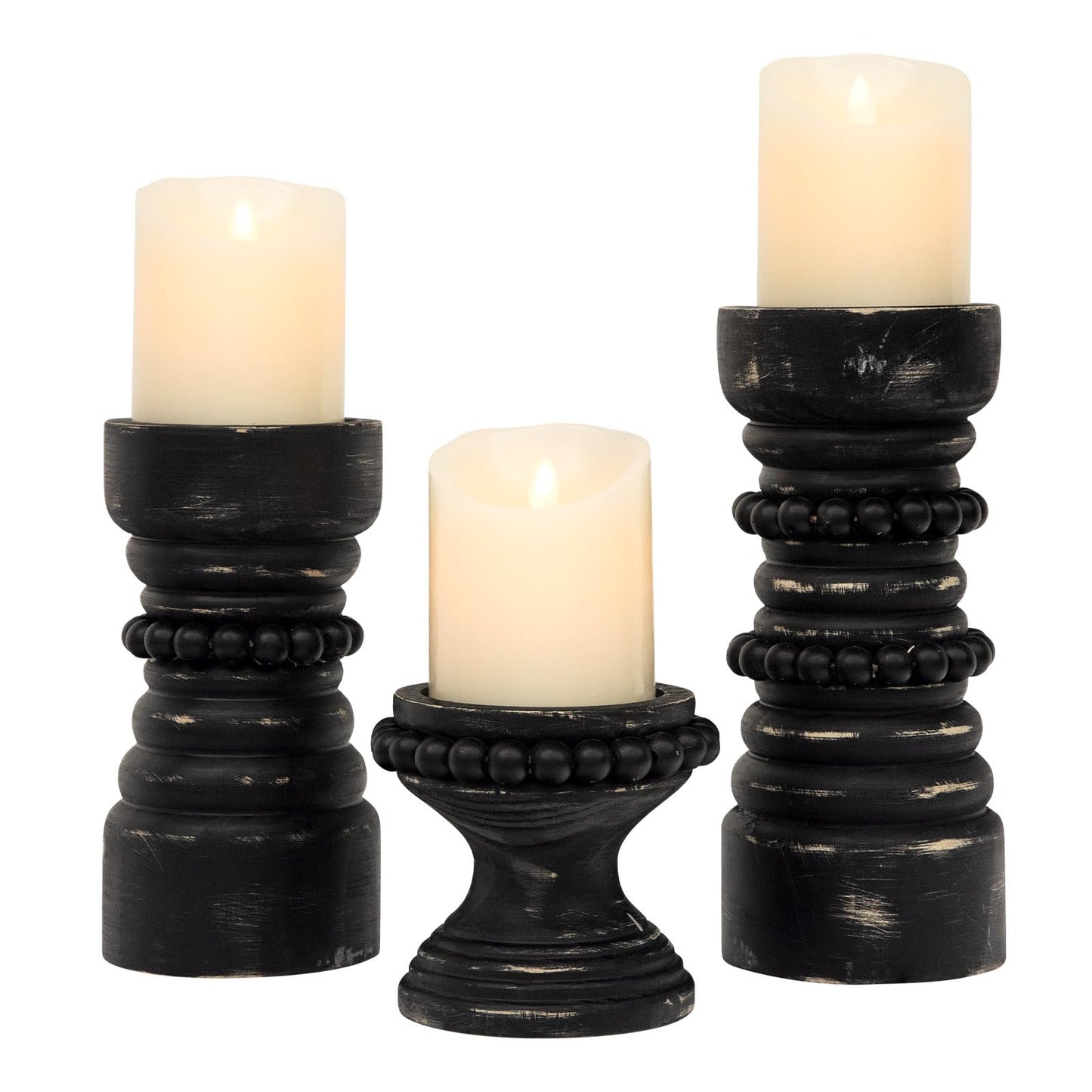 MODE HOME Rustic Black Wood Candle Holders Set of 3, Farmhouse Beaded Wood Pillar Candle Holder, Candle Holders for Pillar Candles & Candlesticks, Candle Sticks Holder Decor for Table Centerpiece