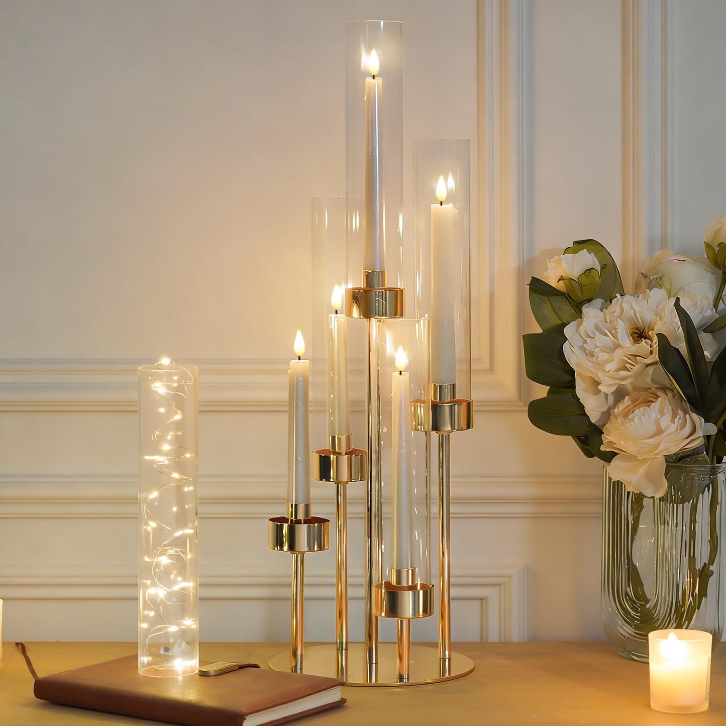 KEHAIL 5-Arm Black Metal Table Candelabra Centerpiece, 22" Tall Clear Candlesticks Holder with Shade for Valentines Day Events Party Table Centerpiece,Fit LED Candles (2, Gold, S-22 in)