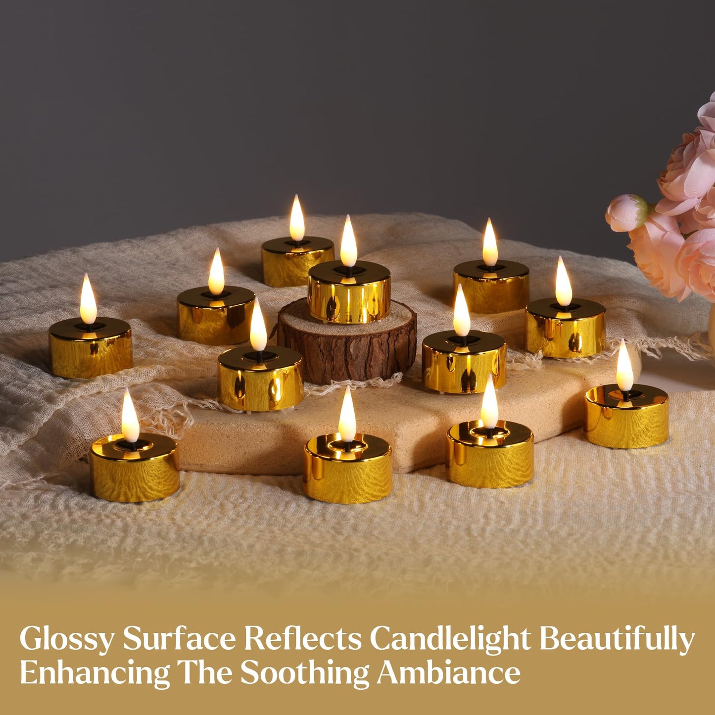 Eywamage Gold LED Tealights with Remote Batteries, Flickering Flameless Tea Lights Votive Candles Set of 12