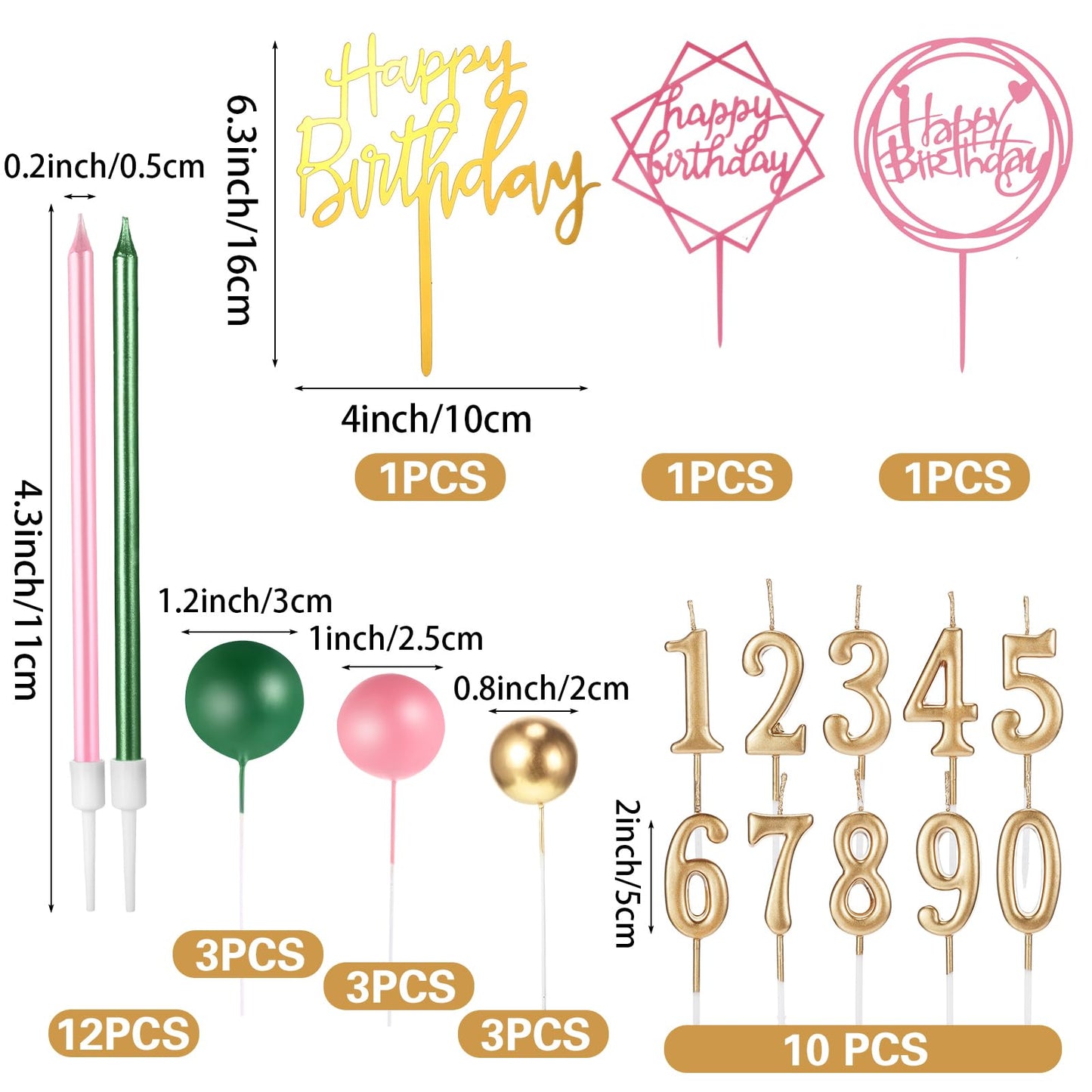 Yerliker 34 Pcs Happy Birthday Cake Toppers Decorations Birthday Candles DIY Cake Decor for Men Women Wedding Anniversary(Gold Green Pink)