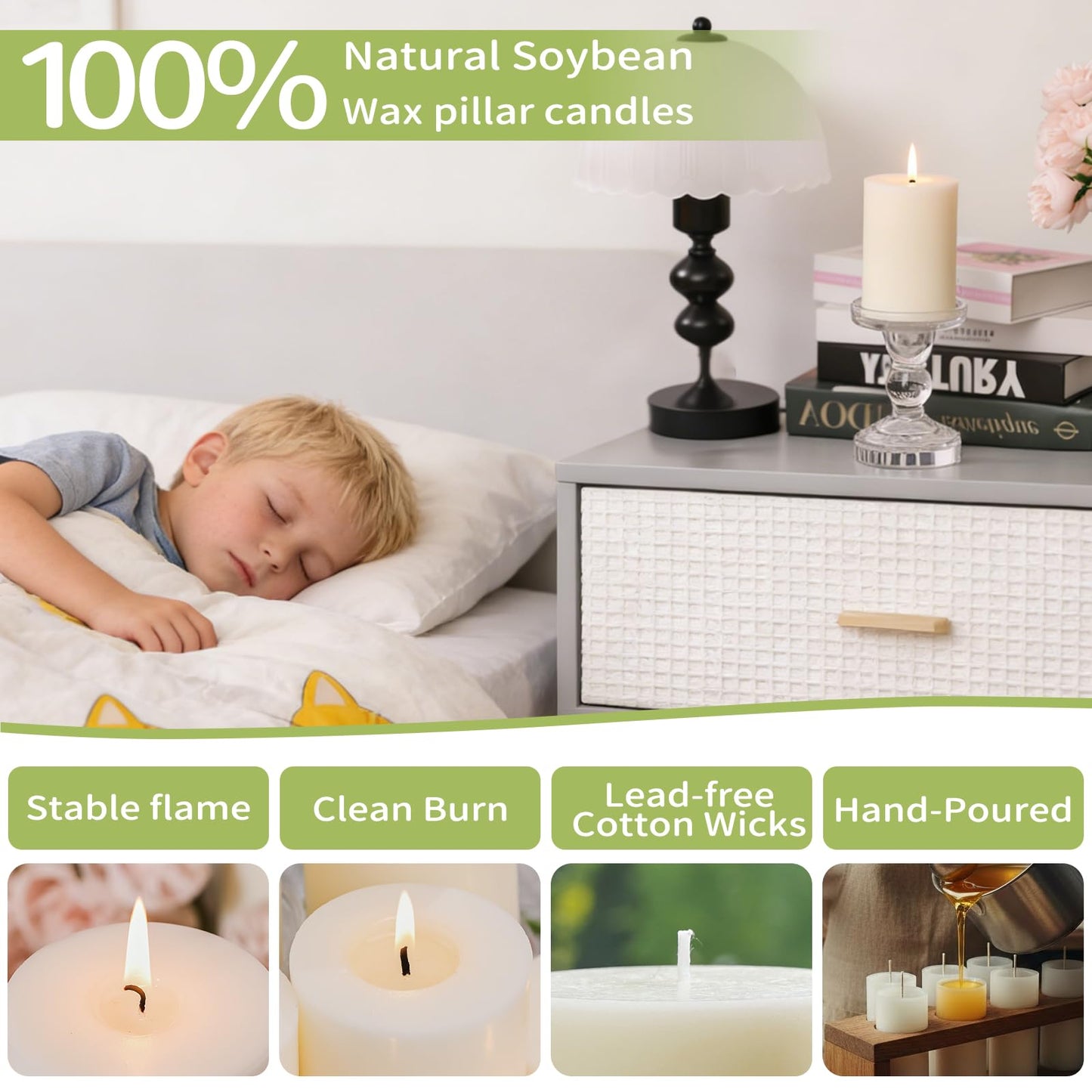 4 Pack Soy Wax White Pillar Candles,56H Long Lasting Burning,Natural Soybean Hand-Poured Pillar Candles,Smokeless,Non Toxic,Unscented for Dinner Table Centerpieces,Spa,Meditation & Wellness-2.8x4in