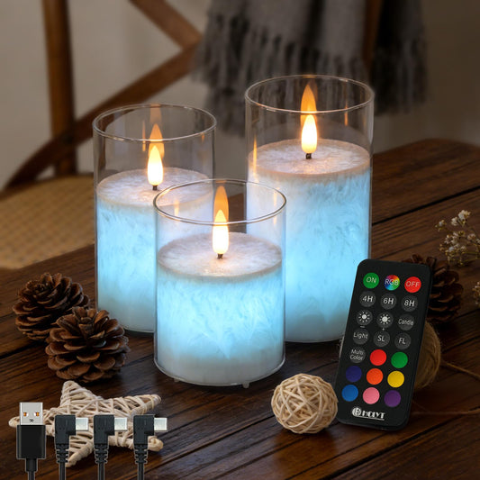 LEDHOLYT Rechargeable Ice Crystal Glass Flameless Candles, RGB Color Changing Realistic Flickering Flameless Candles with Remote & Timer,Best Festival Wedding Home Party Decor - Set of 3