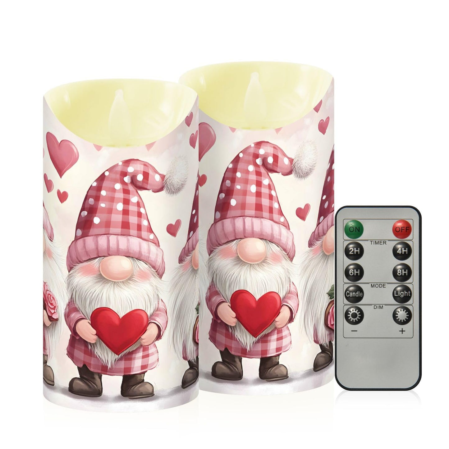 Valentines Day Gnome Pink Rose Flowers Hearts Flameless Candles with Remote Timer,LED Flickering Battery Operated Electric Pillar Tea Light Candles for Wedding Table Christmas Decorations 3" x3.9"