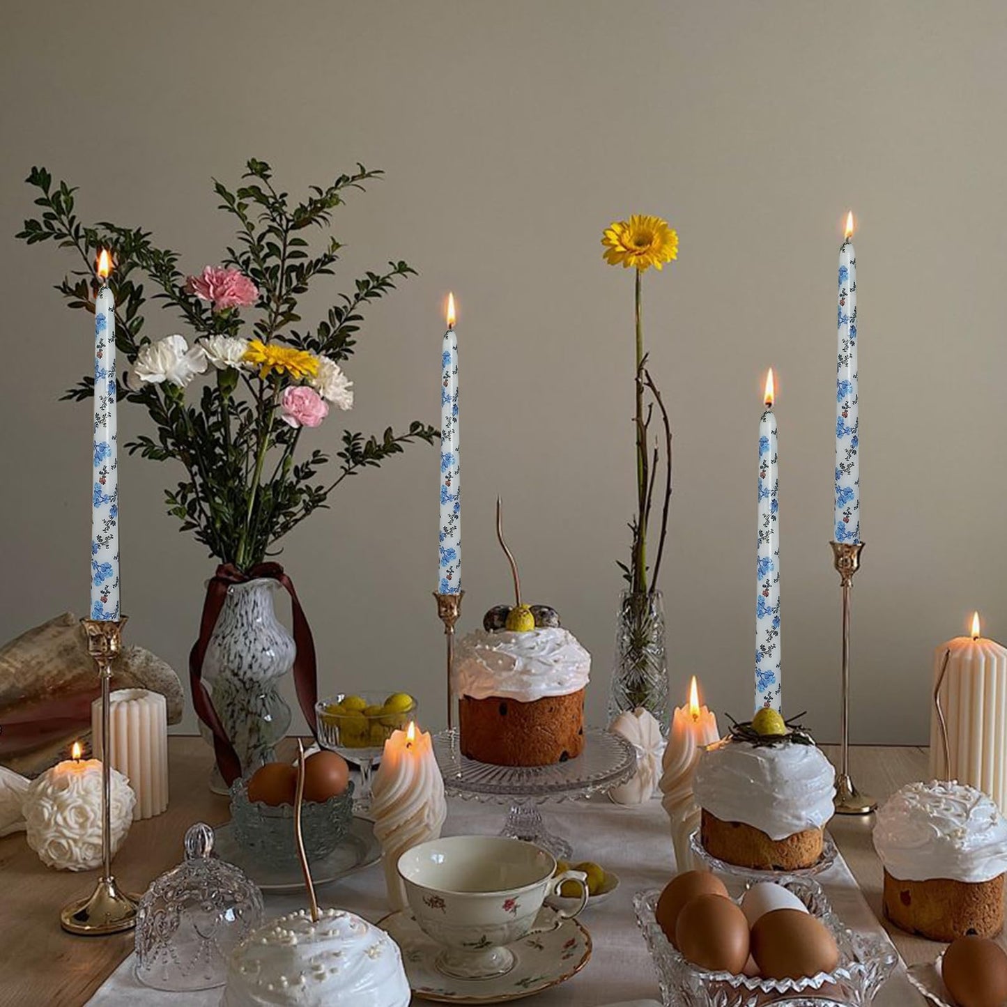 Floral Tapered Candle Forget-me-not Print Candles Handmade Unscented Candlesticks 10 Inch Smokelss Long Candle Sticks for Home Decor & Gifts Set of 4