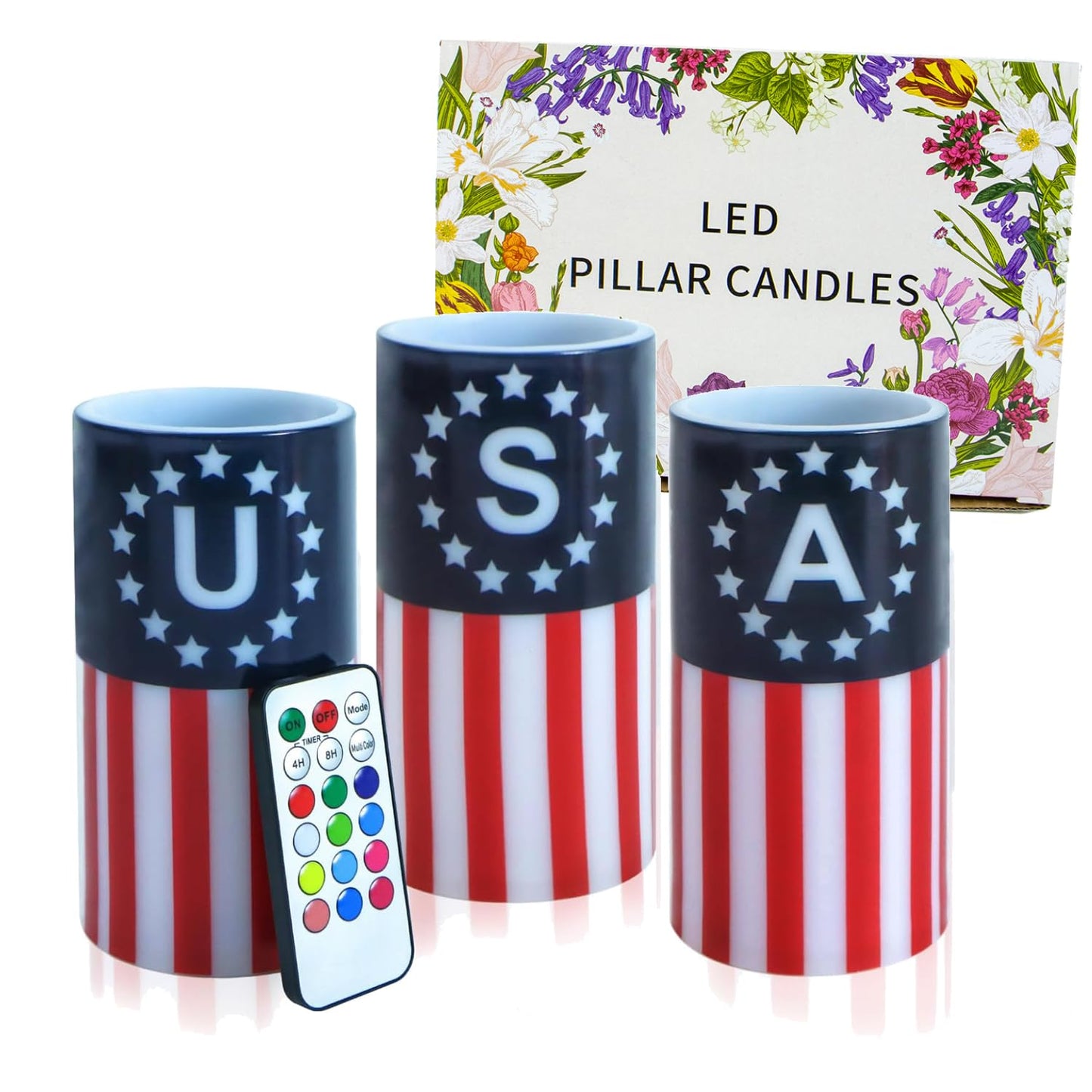ONEIHOMM 4th of July Candles Battery Operated with Timer Remote Control, Patriotic Candles for American Independence Day Decorations,250th Anniversary American Flag LED Candles,6inch,3 Pcs
