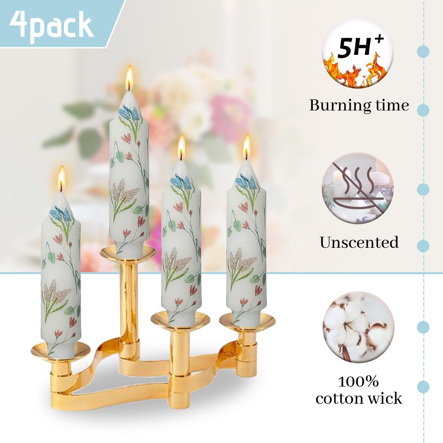 Printed Candle Sticks Elegance Taper Candle 5 Inch Short Candlesticks Hyacinth Floral Tapered Candles for Home Wedding Holiday Party Decor, Set of 4