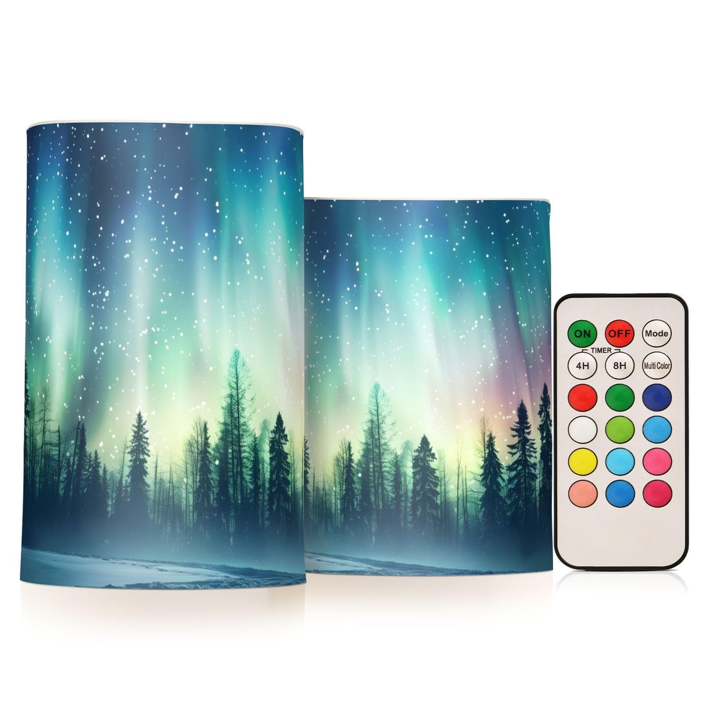 panksolu Flickering Flameless Candles, Aurora Borealis Forest Landscape LED Candles with Remote Timer, Battery Operated Candle for Valentine Wedding Halloween Christmas Decor - Set of 2