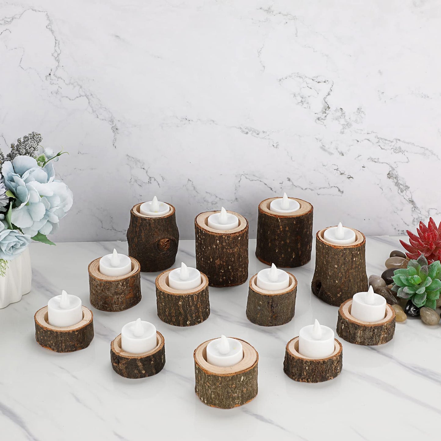 OwnMy Set of 12 Wooden Tea Light Candle Holders Votive Candle Holders, Rustic Pillar Candle Stands Vintage Wood Tealight Holders Set for Wedding Party Dining Table Centerpieces, 1" + 1.6" + 2.7"