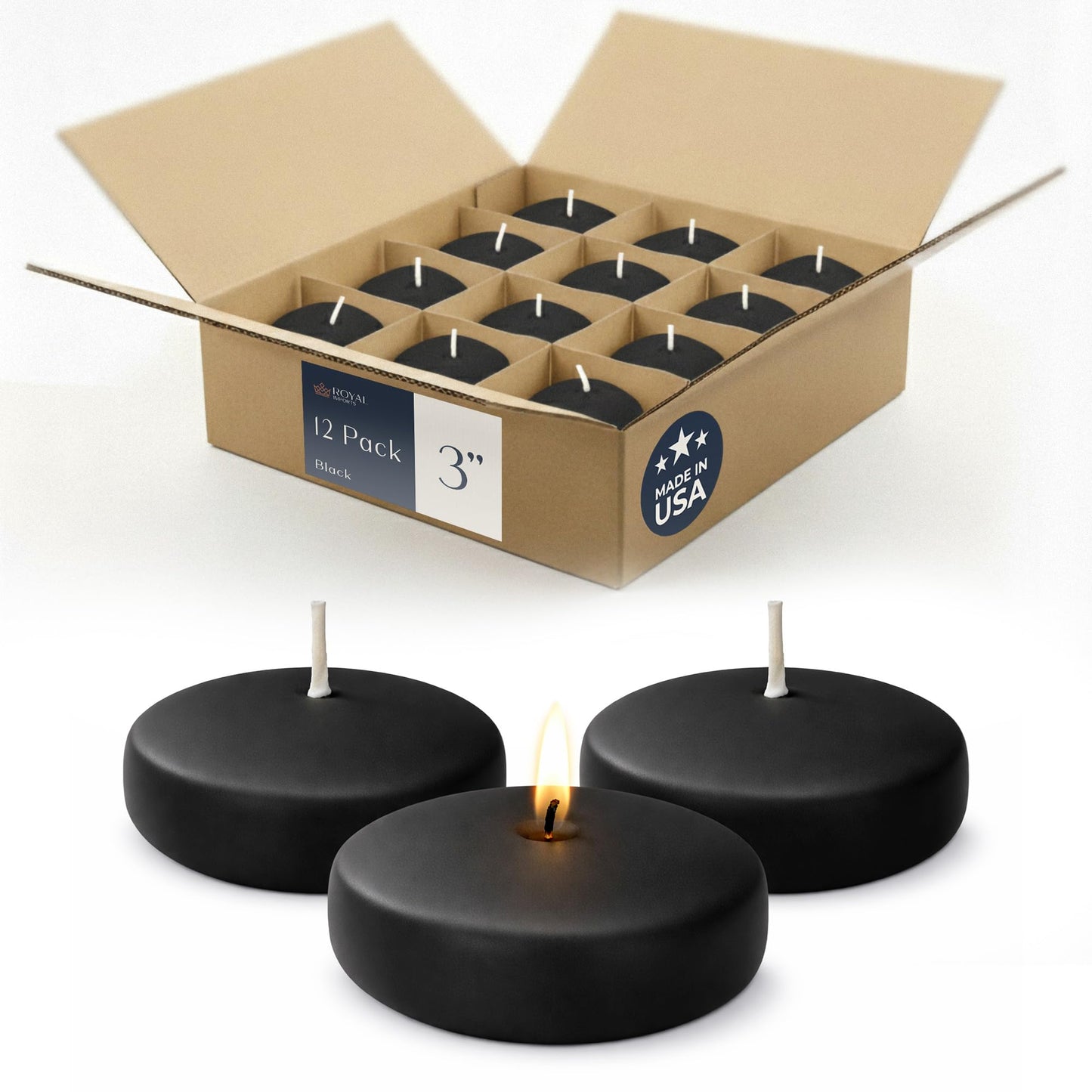 Floating Candles 3 inch Black Unscented Dripless Wax Discs | Made in USA Long Burning Floating Candles for Centerpieces 8-10 Hour Burn Time, Weddings, Parties, Home Décor & Holidays - Royal Imports