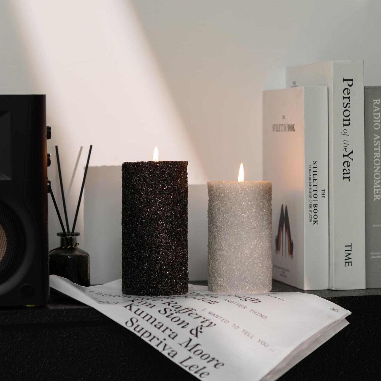 MOZEAL Hand-Poured Granular Texture Decorative Gray Pillar Candles Set of 3 (3'x4' 5' 6'),Approx 300 Hours Burn Time Dripless, Unscented, Smokeless