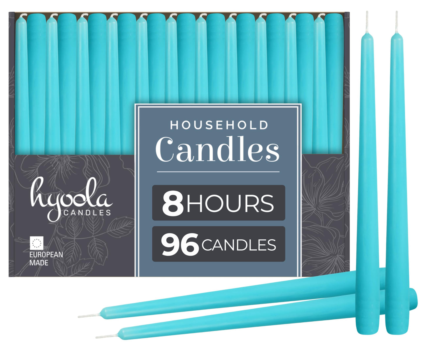 Hyoola Tall Taper Candles Bulk - 10 Inch Light Blue Turquoise Unscented Dripless Taper Candles - 8 Hour Burn Time - 96 Pack