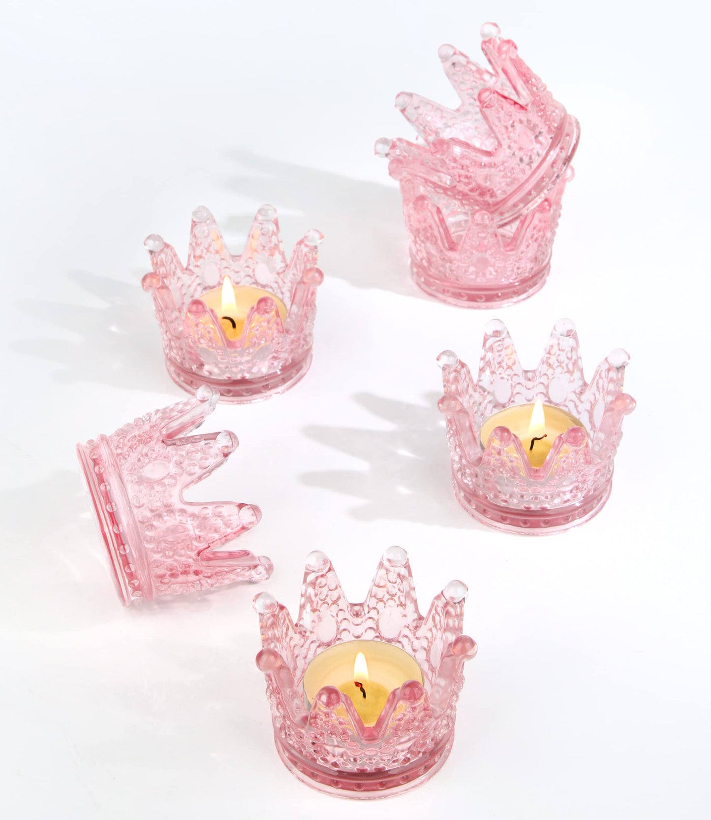 Vixdonos Votive Candle Holders Set of 6 Crown Glass Tealight Candle Holder for Wedding, Party and Home Decor (Pink)