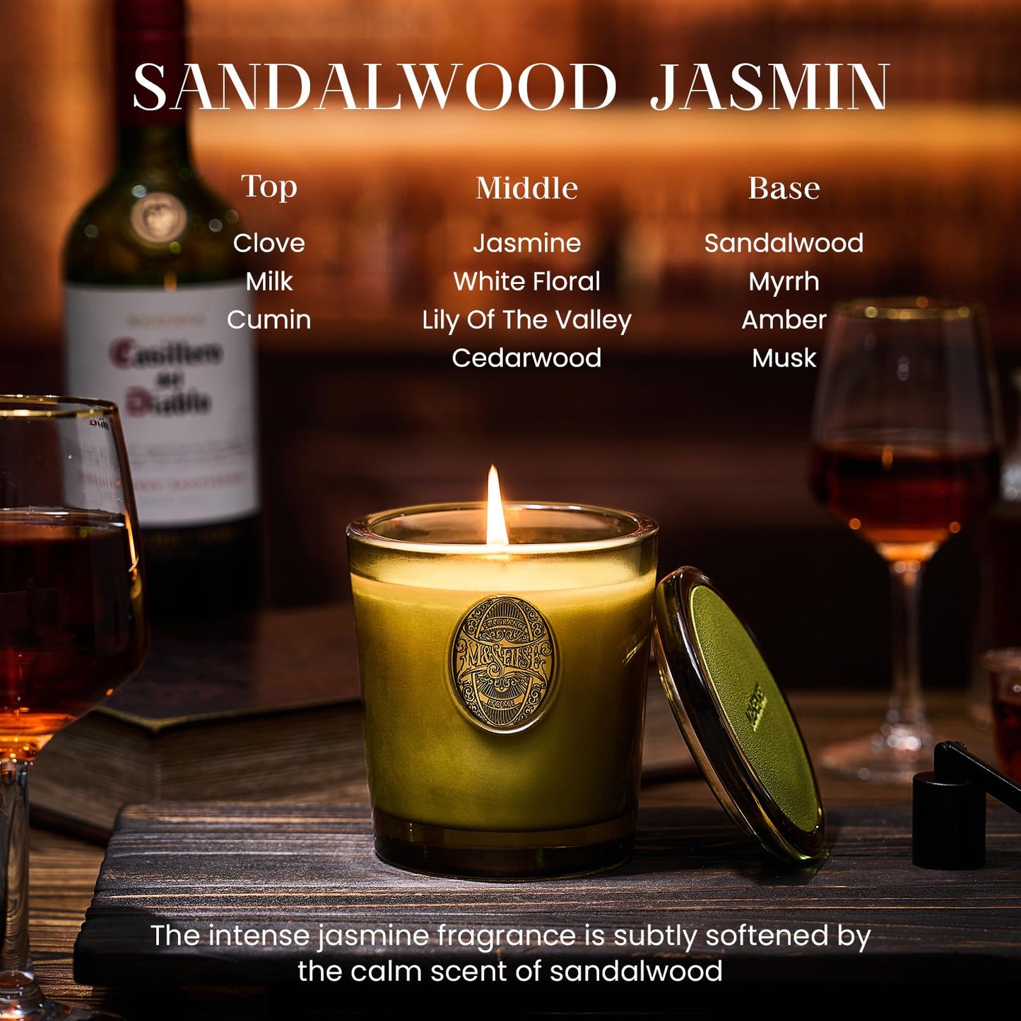 M&SENSE Natural Strong Soy Candle | Sandalwood Jasmine & Green | 9.2 oz, 50H Burn Time | Luxury Candle for Relaxation, Gifting, Home Décor | Candles for Mothers Day Gifts