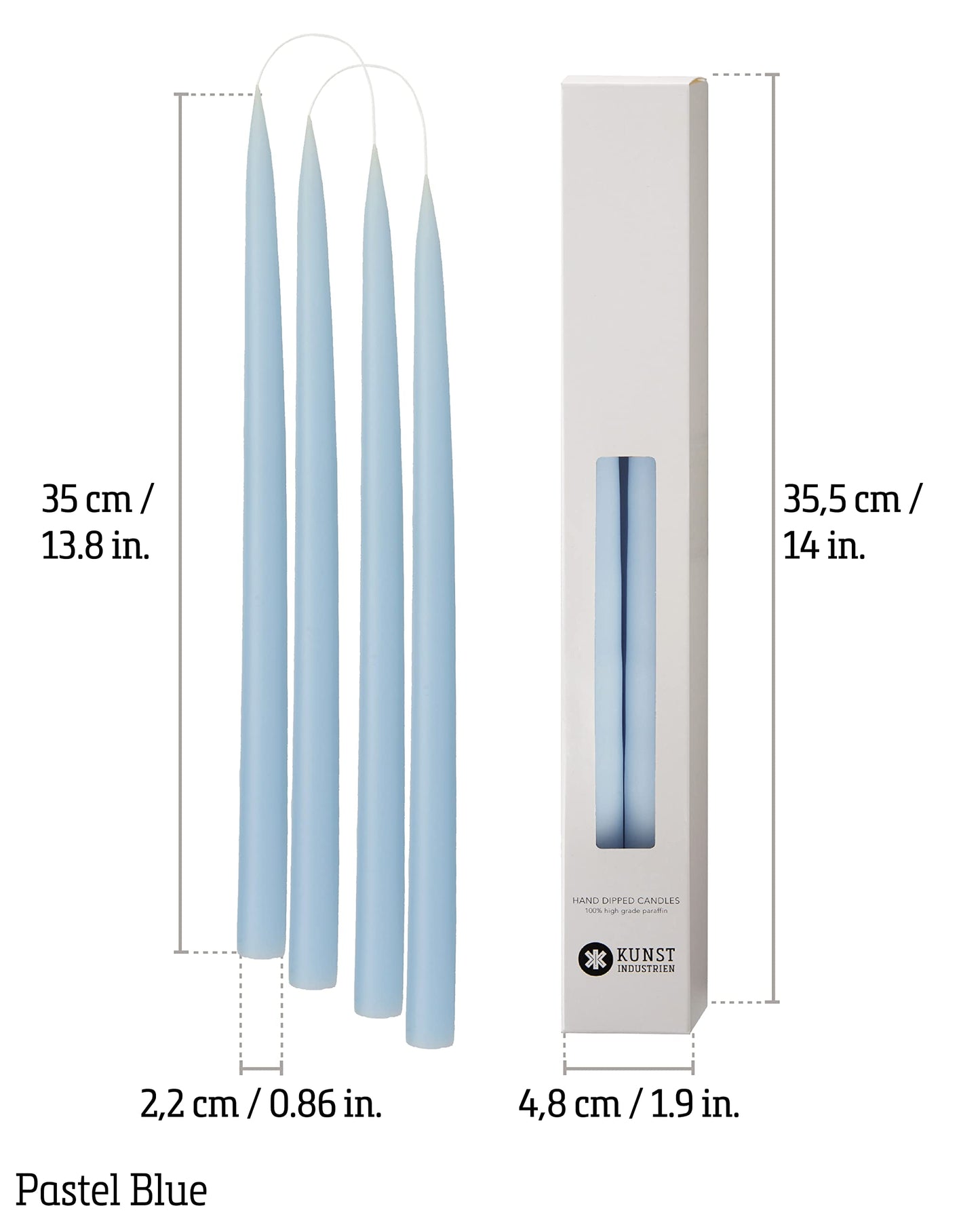 Kunstindustrien® Taper Candles – Set of 4, 13.8" – Made in Denmark, Long Burning Candles 15h, Unscented & Smokeless Candlesticks – Elegant Tall Candles for Weddings, Dinners & Home Decor (Pastel Blue)