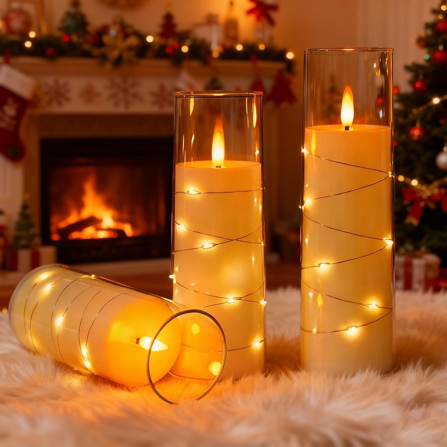 5 Acrylic Flashing LED Candles with Remote Control, flameless Cylindrical Candles with Embedded Star String Lights, Home Decoration Halloween Christmas Atmosphere Wedding Decoration, Home Decoration