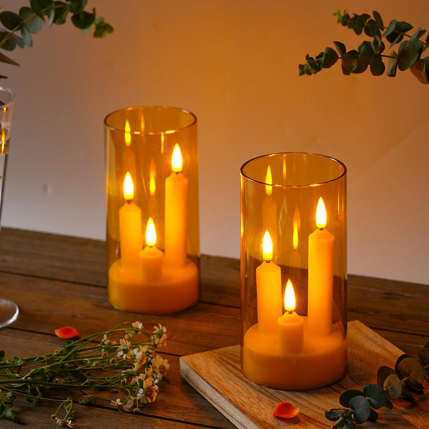 2 Pack 3D Wick Flameless Taper Candles, Champagne Transparent Acrylic Cover, Remote Control Flickering LED Candles, Battery Operated Electric Candles for Wedding Party Christmas Home Table Decor.