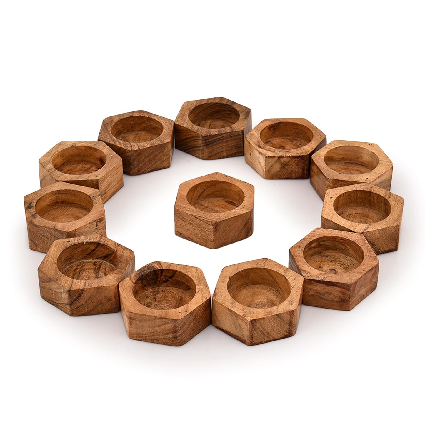 Kaizen Casa Tea Light Holder Acacia Wood Set of 12 Centerpieces for Dining Table Wedding Party Birthday Holiday Decoration (2.25" x 2.25" x 1"), (Set of 12)