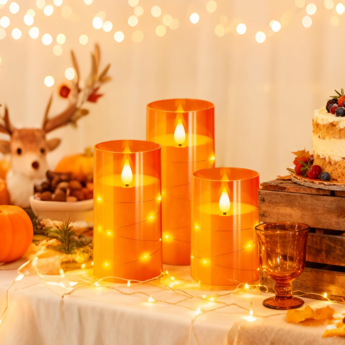 NURADA Flameless Candles with Remote Timers: Built-in Star String Lights 3D Wick Battery Operated Flickering LED Electric Candles for Halloween Thanksgiving Dinner Tables Fall Home Decor Orange 3 Pack