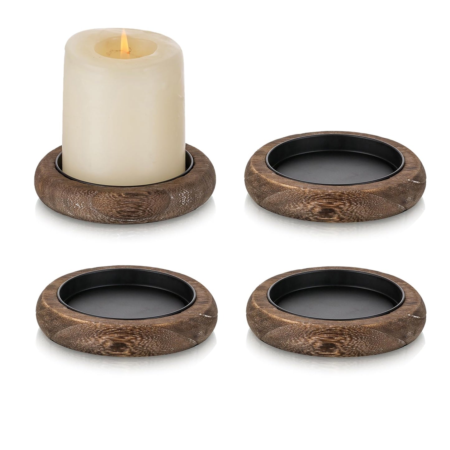 Romadedi Wood Candle Holder Farmhouse Decor - Pillar Candle Holders for Table Centerpiece Small Tray Riser Set of 4 Round Wooden Plate Pedestal Stand for Coffee Table Home Living Room, Brown