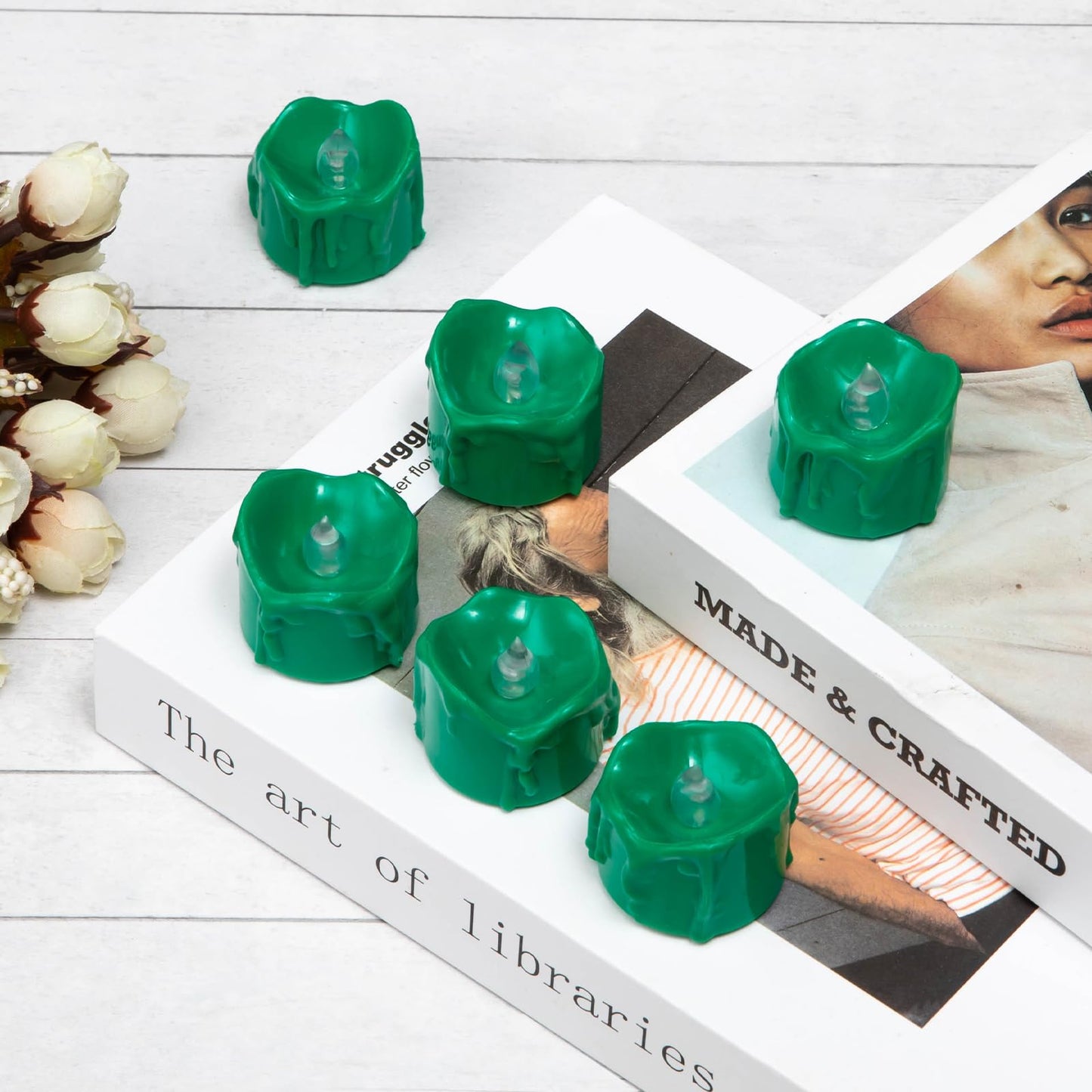 Windshell Green Flickering Flame Tealight Candles with Auto 6H Timer (No Remote), Battery Operated LED Flameless Tea Lights with Melting Design, for St Patrick Halloween Christmas, 12 Pack