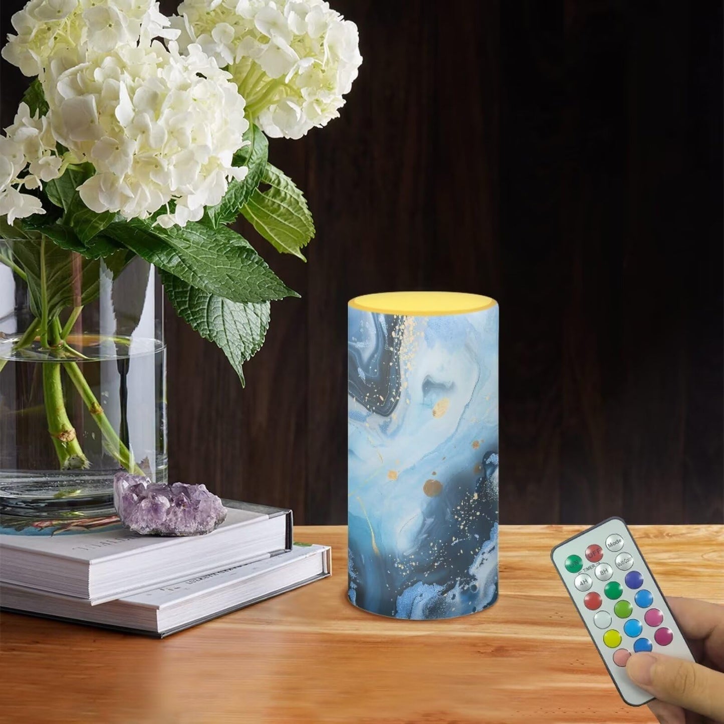 Merkmak Pack of 1 Blue Marble Flameless Candles Battery Operated Candles with Remote and Timers Flickering LED Elictric Pillar Tealights for Outdoor Indoor Home Decoration
