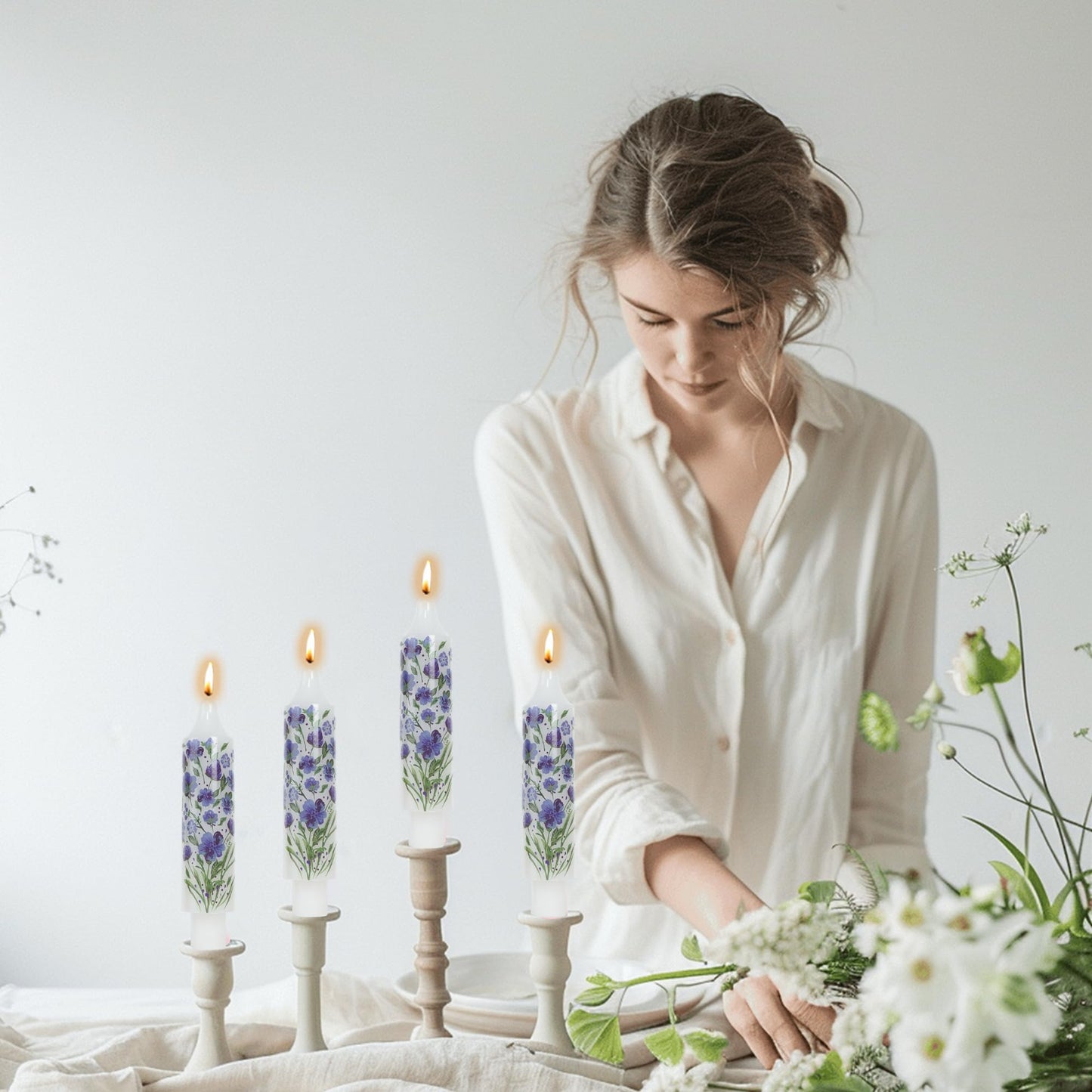 Floral Taper Candle Dripless Candlesticks Blue and White Handmade Candles Short Candle Sticks Flower Tapered Candles for Home Party Wedding Dinner 6inch-4pcs