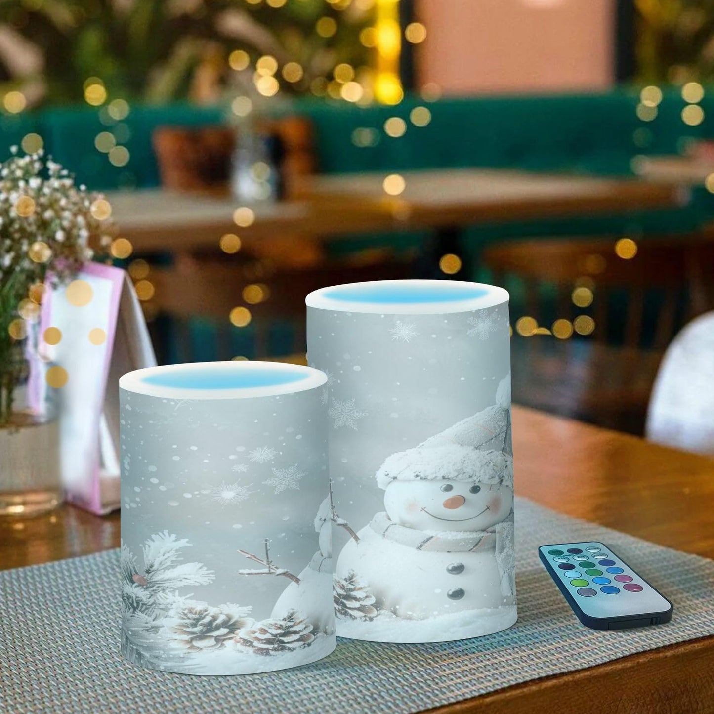 Christmas Lights Flameless Candles Snowman Pine Cones Snowflake Pillar Candles Set of 2 Battery Operated Remote Control Warm Lights Home Decor