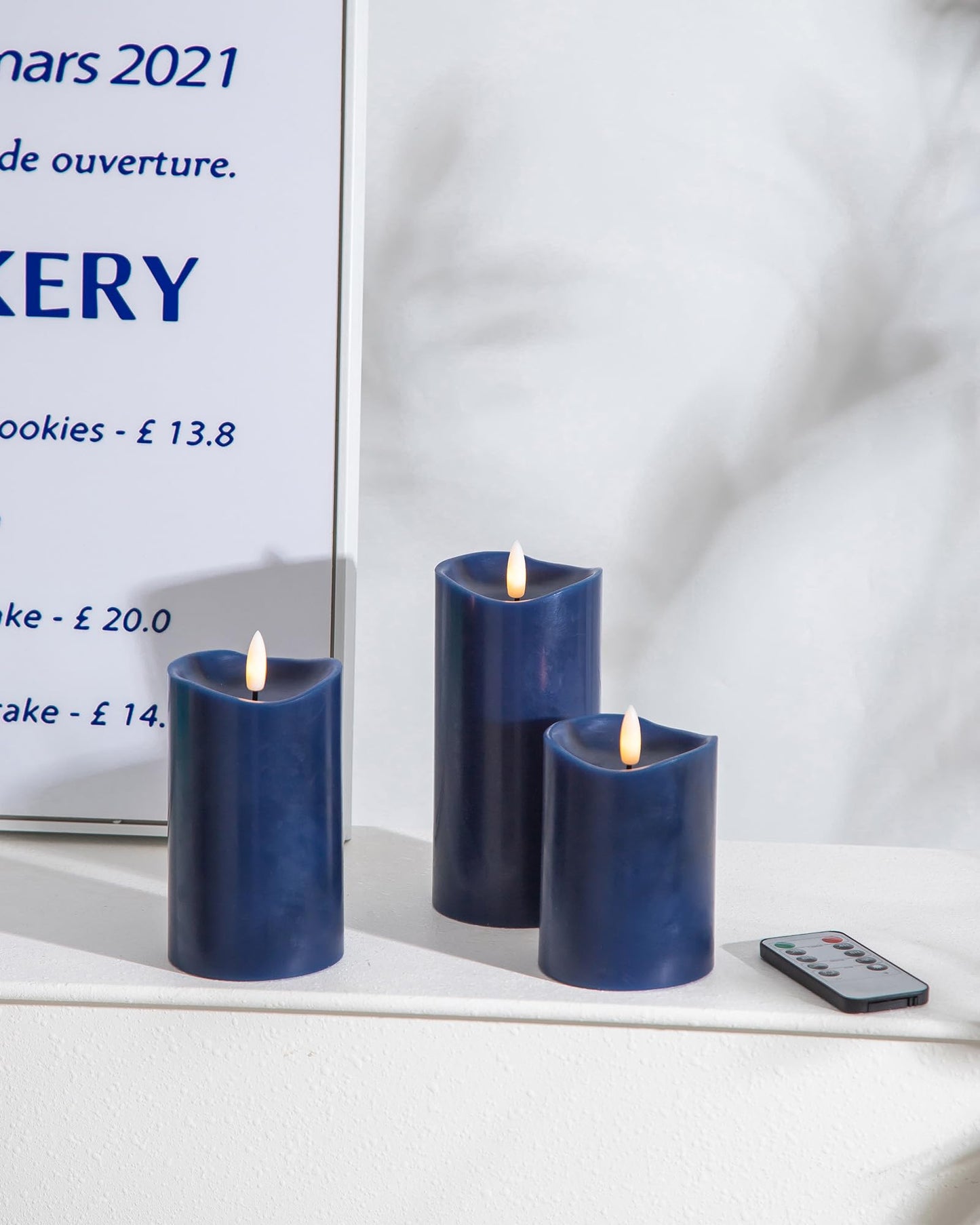 Velsyn Navy Blue Flameless Candles with Remote and Timer, Real Wax Made LED Pillar Candles Battery Operated with 3D Flickering Flame Melted Top, 3" x 4",5",6", Navy Blue Decor, Set of 3