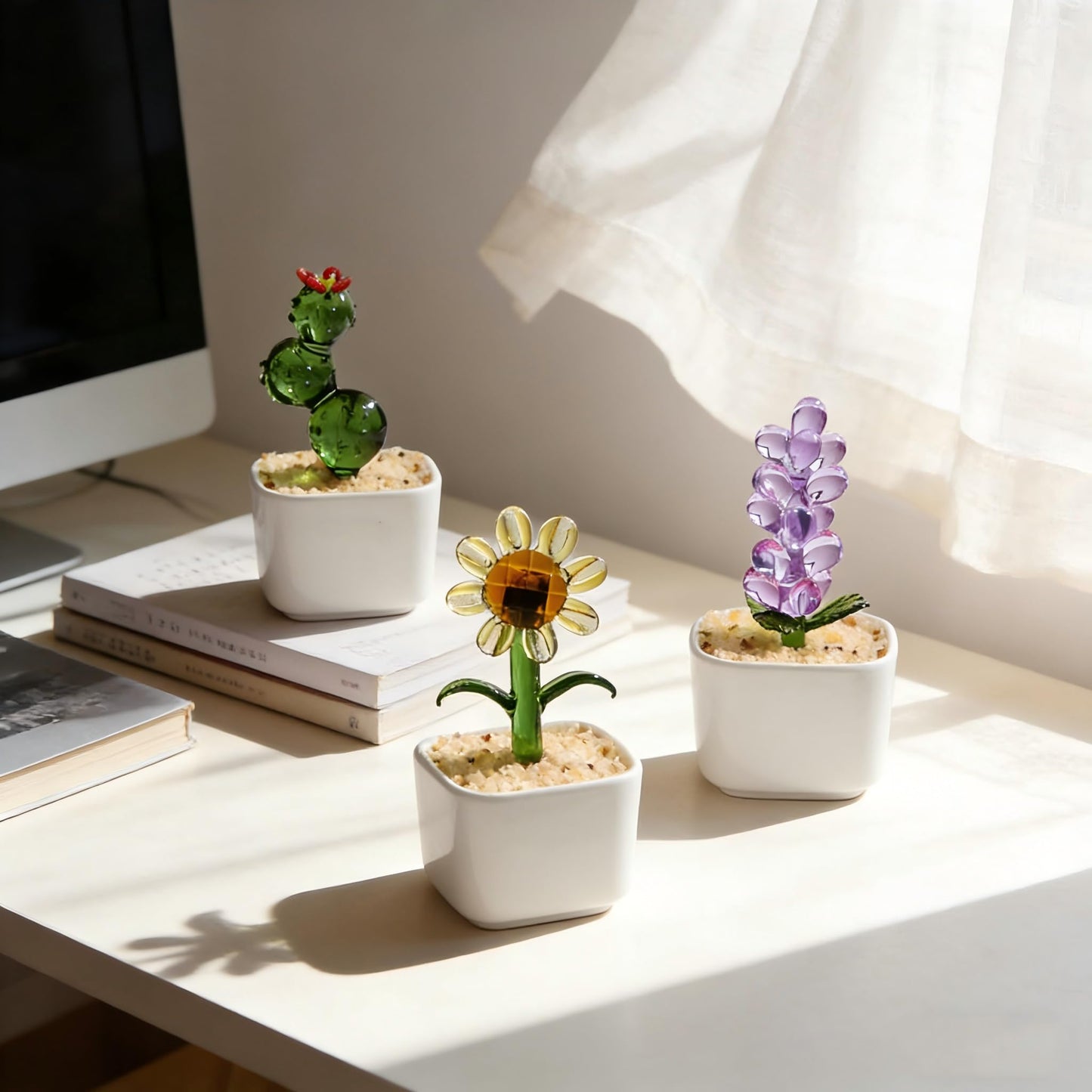 Crystal Glass Flowers Dopamine Decor, Cute Desk Decor for Women Office,Small Crystal Flower Fake Desk Plant,Gift for Teachers,Friends,Coworkers