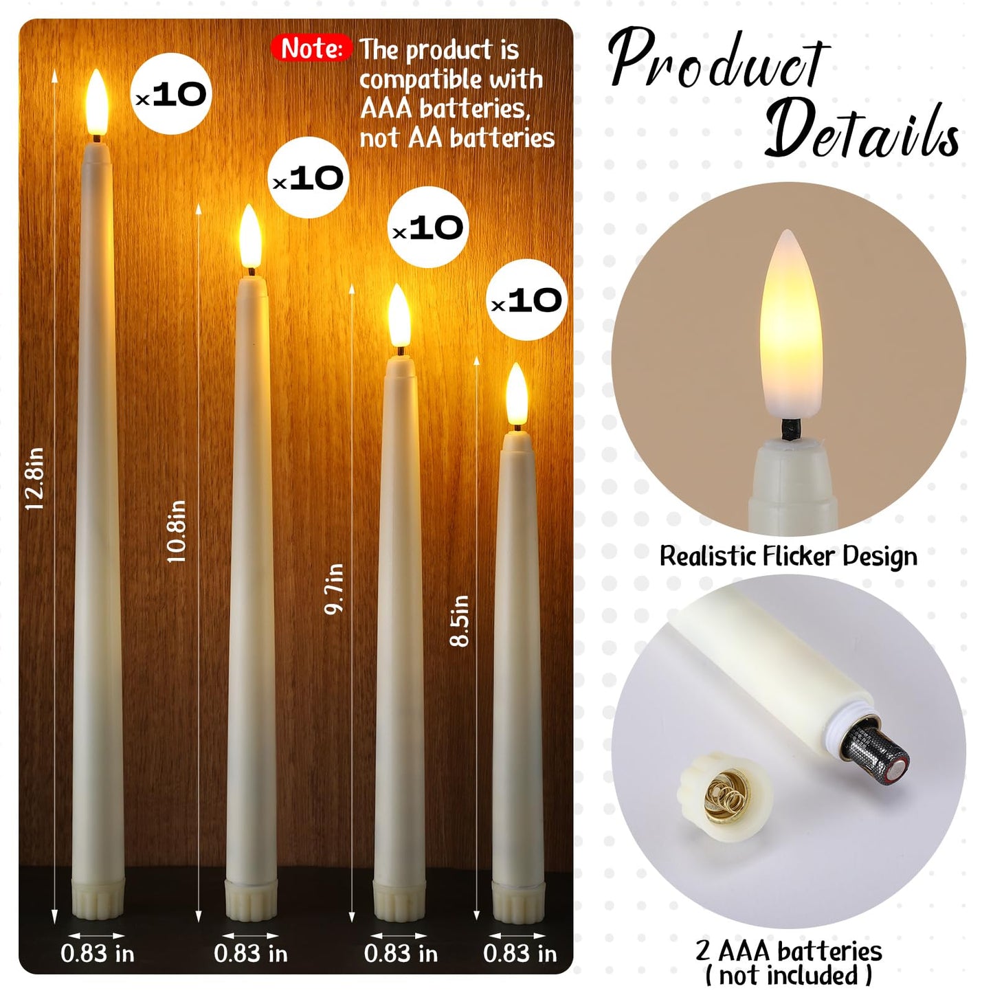 Baquler 40 Pcs Flameless Taper Candles LED Flickering Taper Candlesticks Bulk Battery Operated Flameless Candle for Wedding Halloween Christmas Birthday Decoration, 8.5/9.7/10.8/12.8 Inch (Ivory)